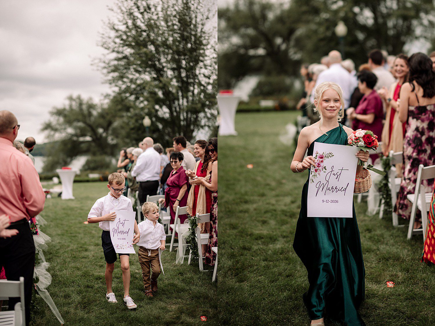 Flower girl and ring bearers carrying Just Married signs up the aisle at The Osthoff Resort in Elkhart Lake, Wisconsin