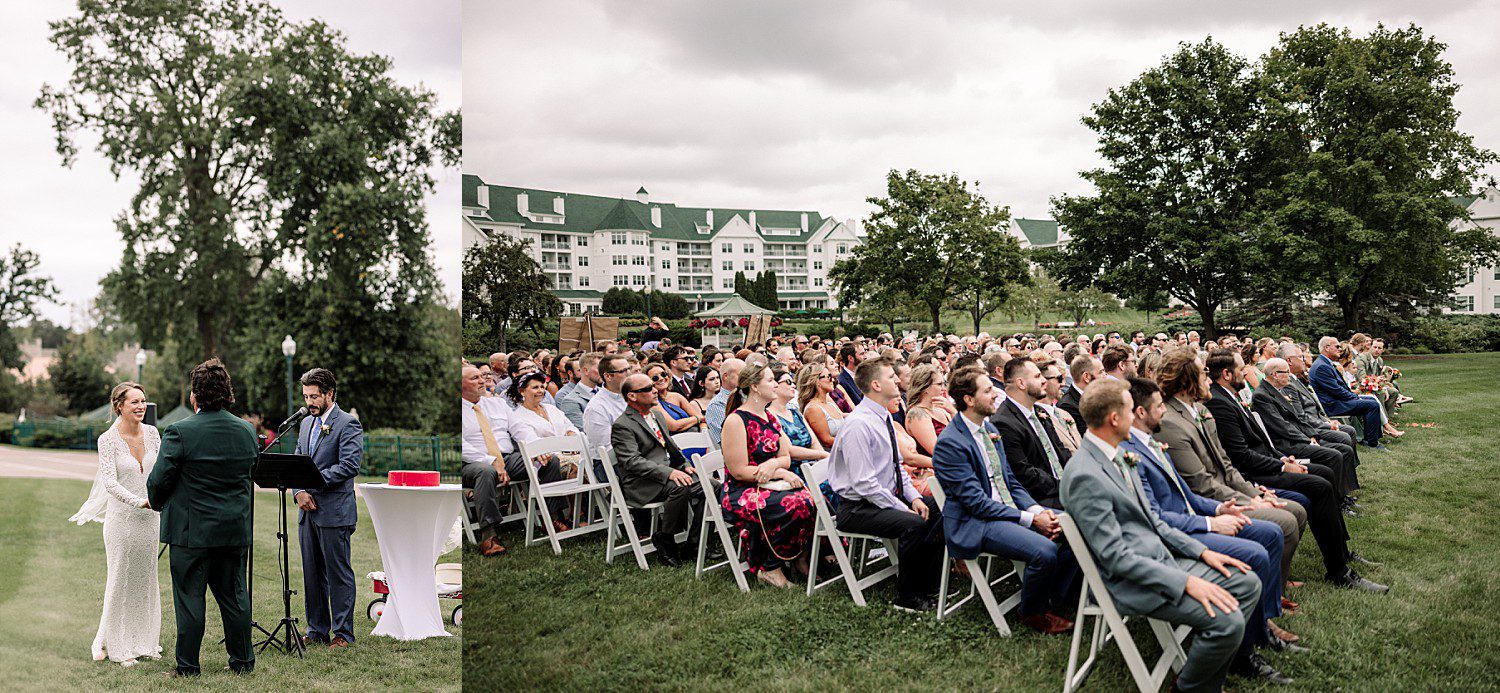 Guests gathered for Kathryn and Logan's outdoor lakeside ceremony at The Osthoff Resort in Elkhart Lake, Wisconsin
