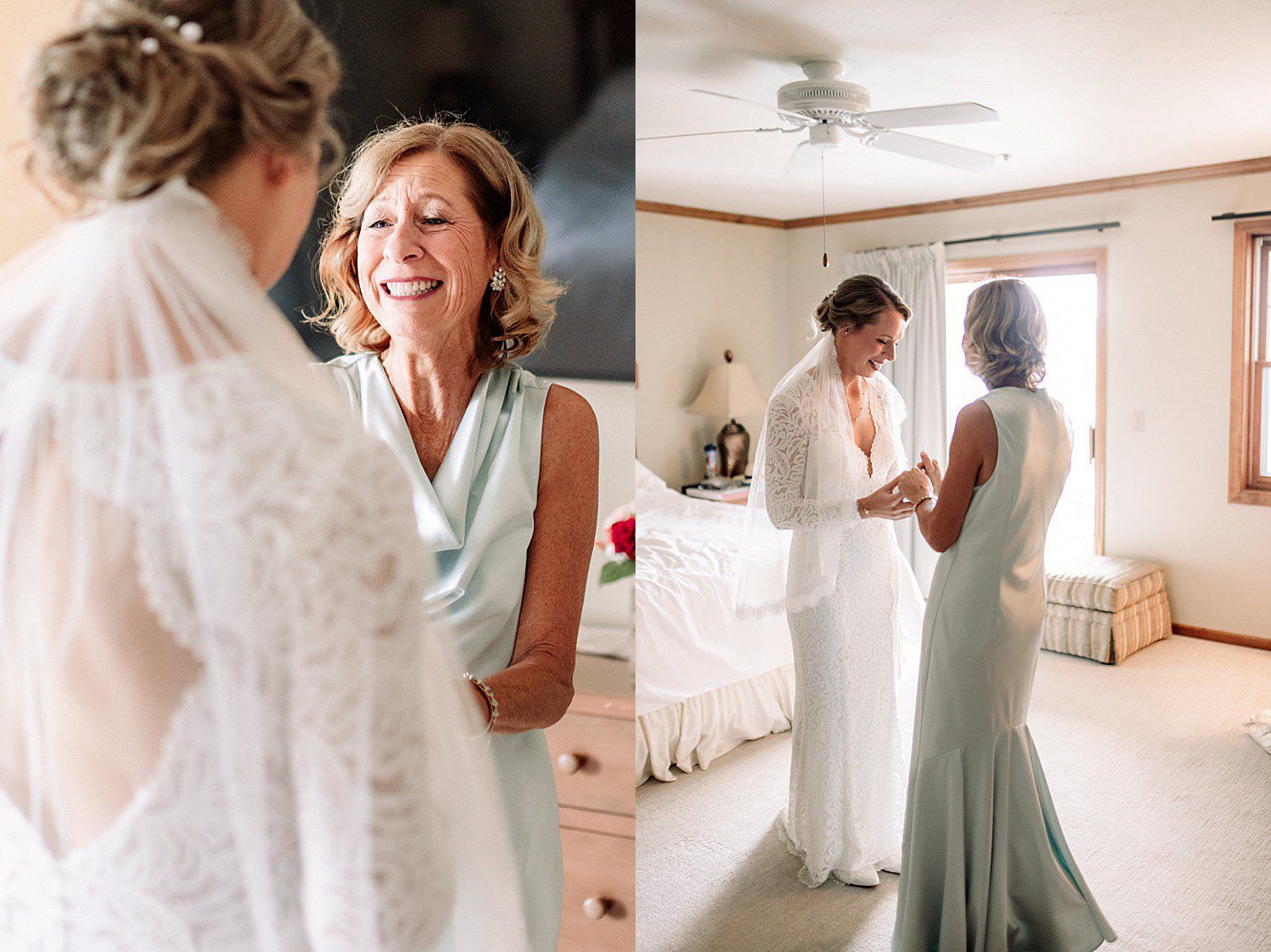 Kathryn's mom seeing her in her wedding gown for the first time at The Osthoff Resort in Elkhart Lake, Wisconsin