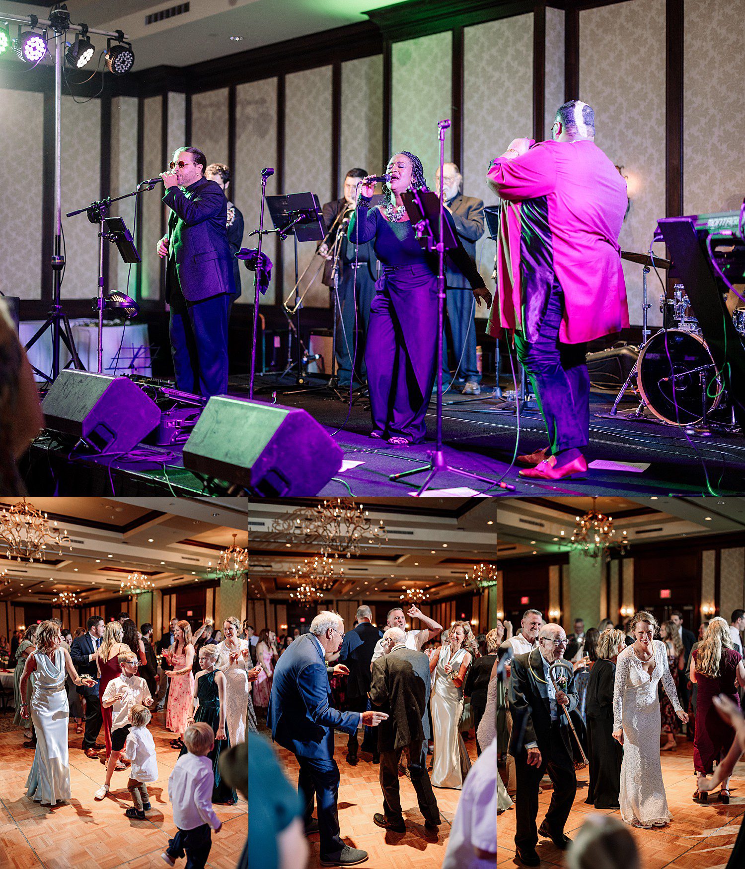 Live band and a packed dance floor at Kathryn and Logan's reception at The Osthoff Resort in Elkhart Lake, Wisconsin