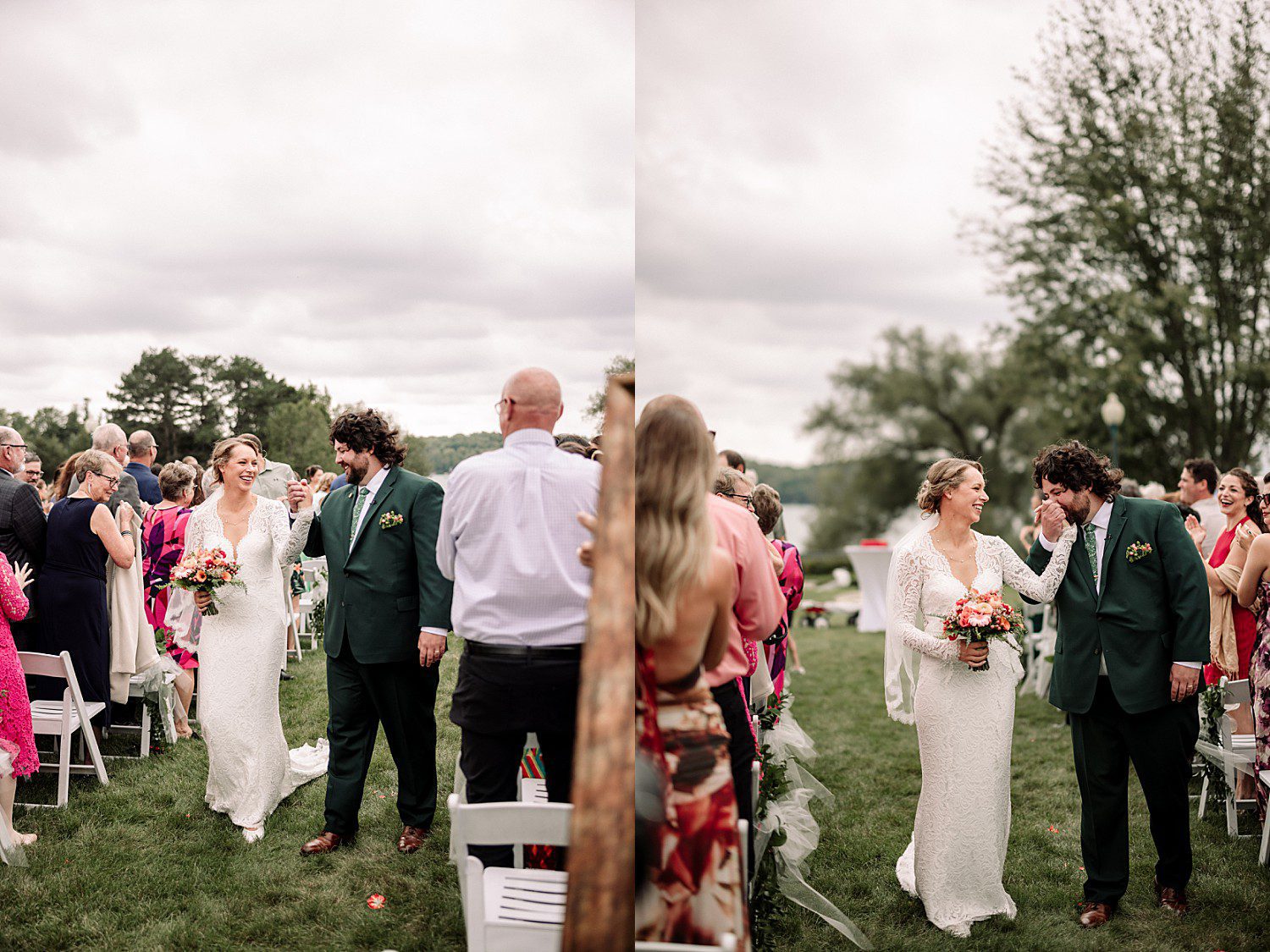 Kathryn and Logan celebrating as they walk back up the aisle at The Osthoff Resort in Elkhart Lake, Wisconsin