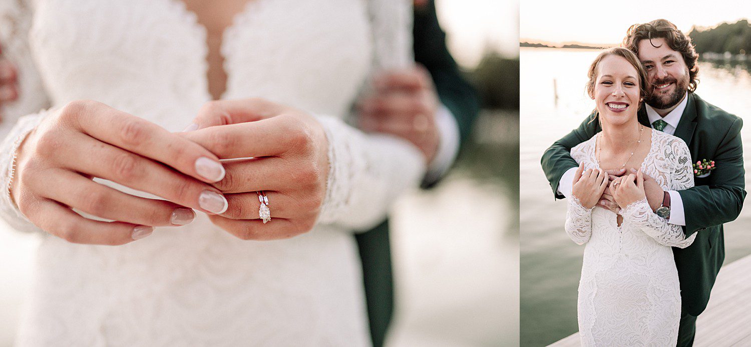 Kathryn's engagement ring and Logan hugging her on the dock at The Osthoff Resort in Elkhart Lake, Wisconsin