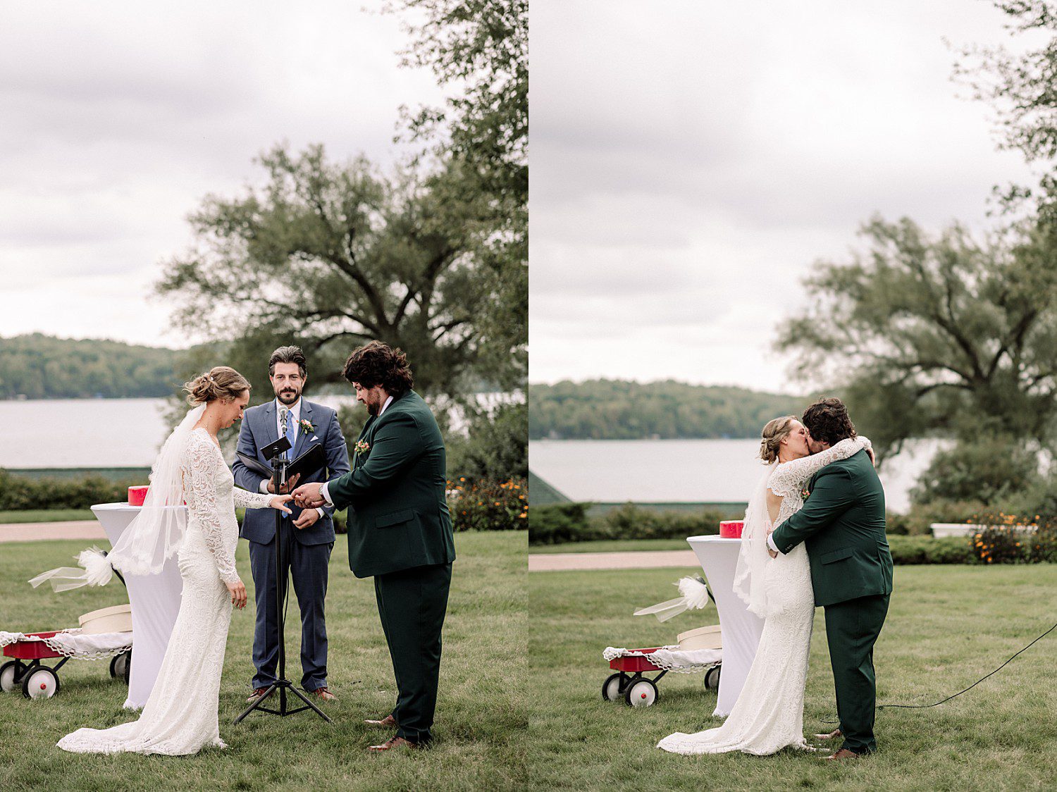 Kathryn and Logan exchanging rings and sharing their first kiss by the lake at The Osthoff Resort in Elkhart Lake, Wisconsin