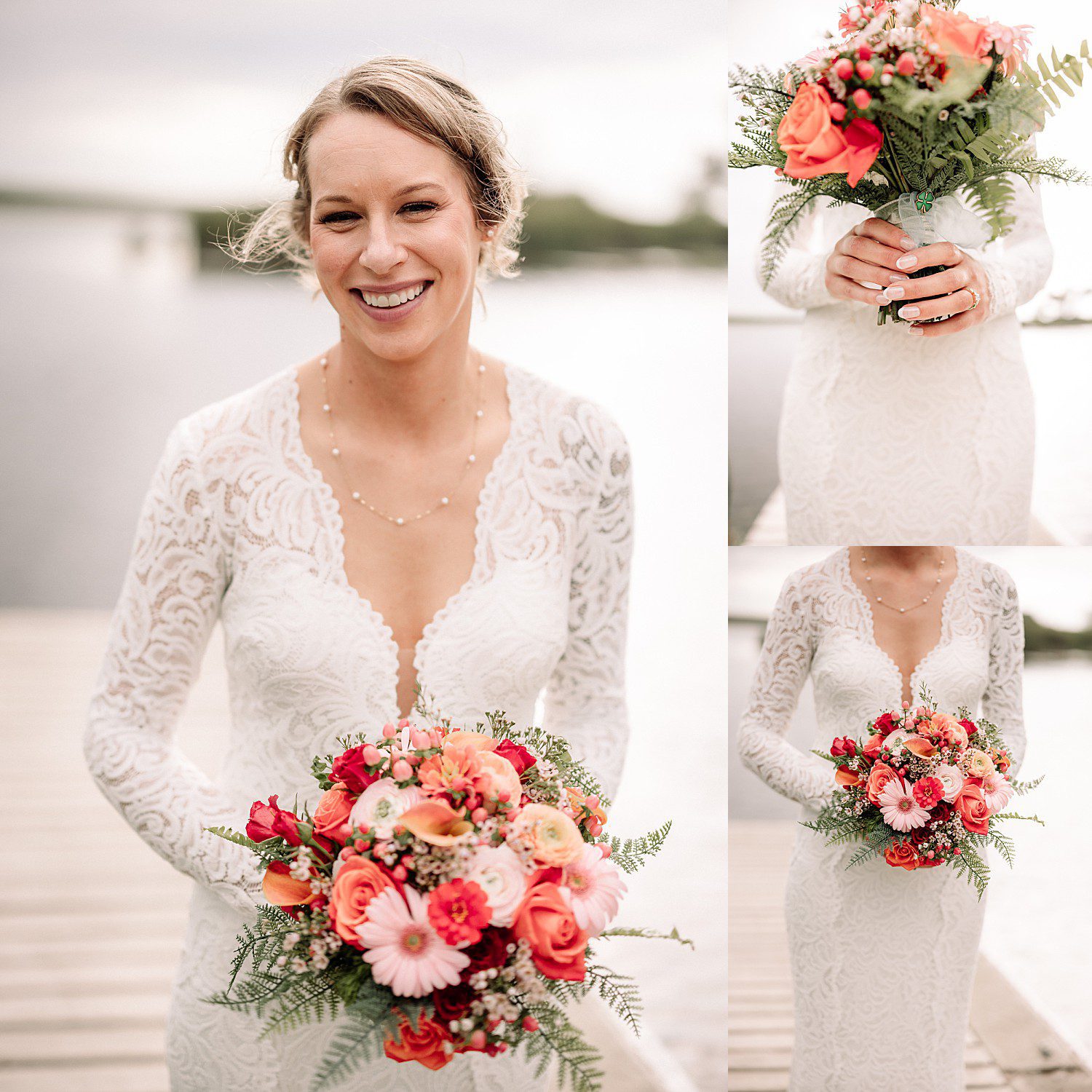 Kathryn smiling with her coral and pink bouquet at Sheboygan Marsh near Elkhart Lake, Wisconsin