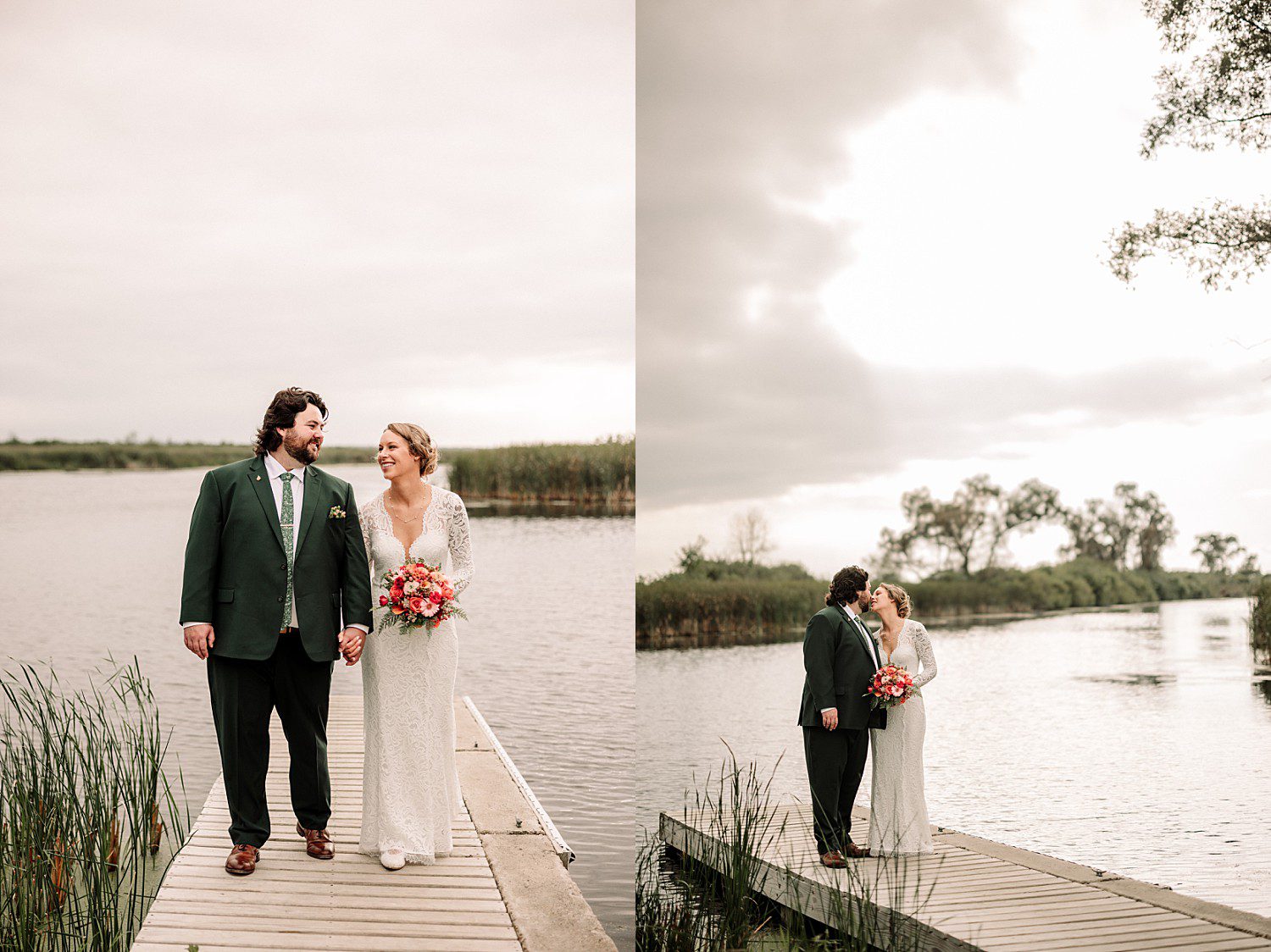Kathryn and Logan walking hand in hand on a dock under soft overcast skies at Sheboygan Marsh near Elkhart Lake, Wisconsin