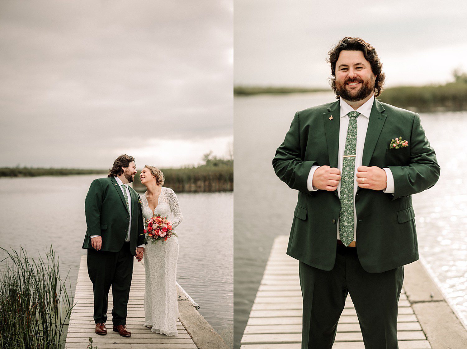 Logan in his green suit on the dock with Kathryn at Sheboygan Marsh near Elkhart Lake, Wisconsin