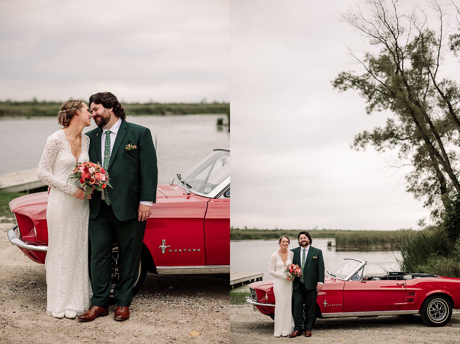 Kathryn and Logan leaning on her dad's red 1967 Mustang convertible at Sheboygan Marsh near Elkhart Lake, Wisconsin