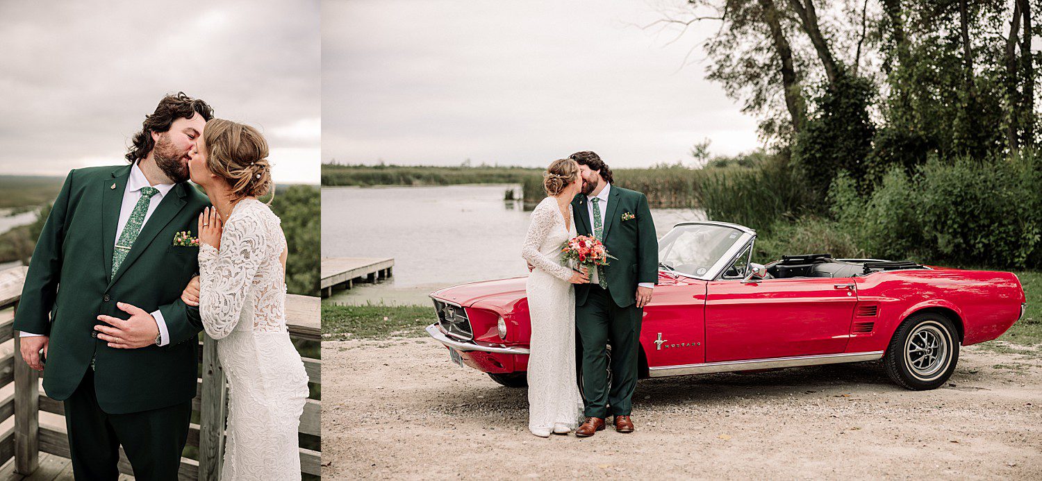 Kathryn and Logan kissing beside her dad's red 1967 Mustang at Sheboygan Marsh near Elkhart Lake, Wisconsin