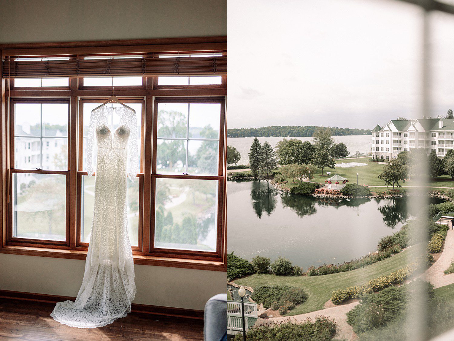 Kathryn's lace wedding dress hanging in the window overlooking the grounds at The Osthoff Resort in Elkhart Lake, Wisconsin
