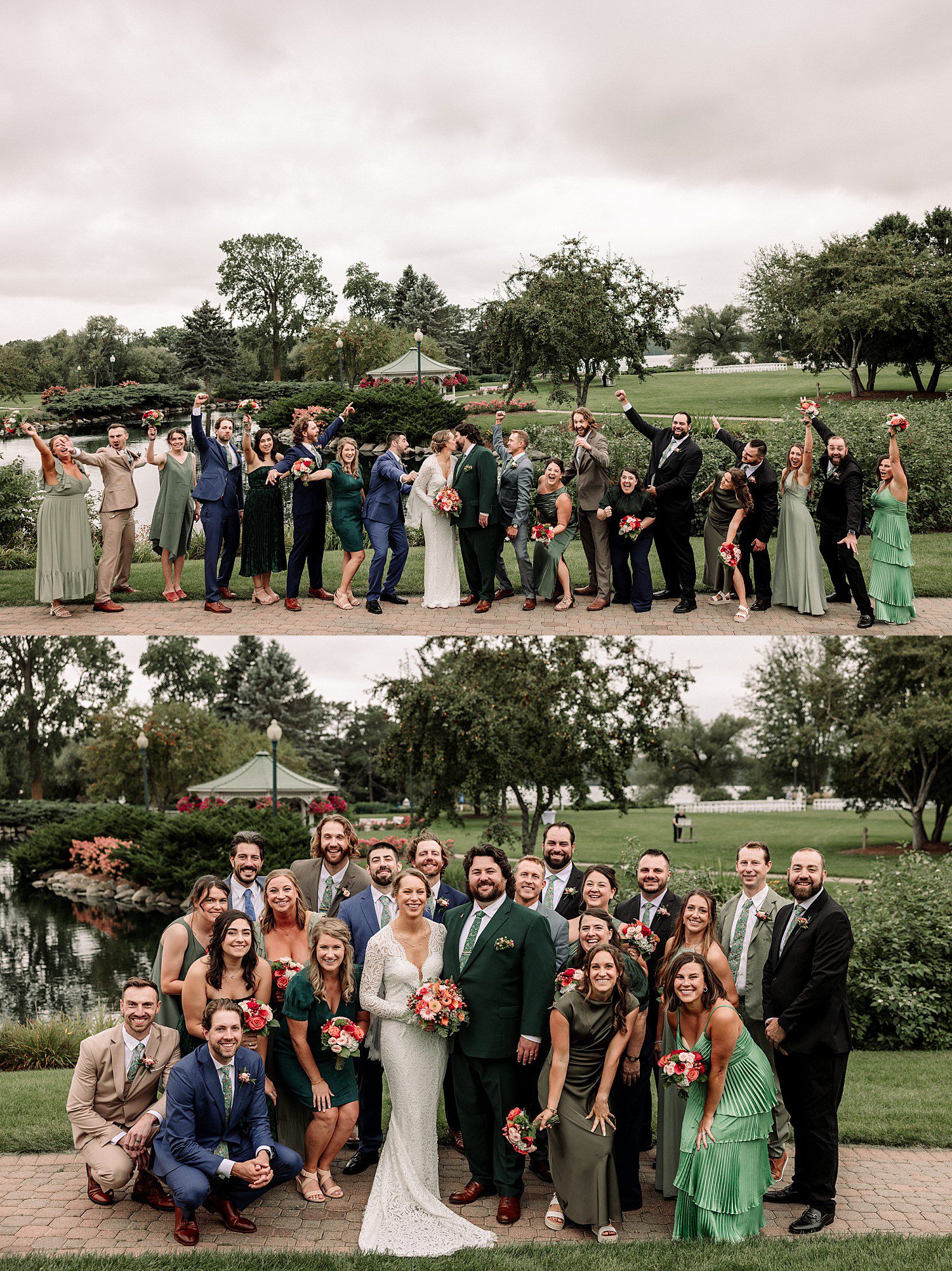 Kathryn and Logan's wedding party in green dresses and suits by the pond at The Osthoff Resort in Elkhart Lake, Wisconsin