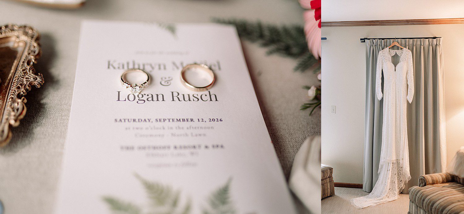 Kathryn and Logan's wedding rings resting on their invitation at The Osthoff Resort in Elkhart Lake, Wisconsin