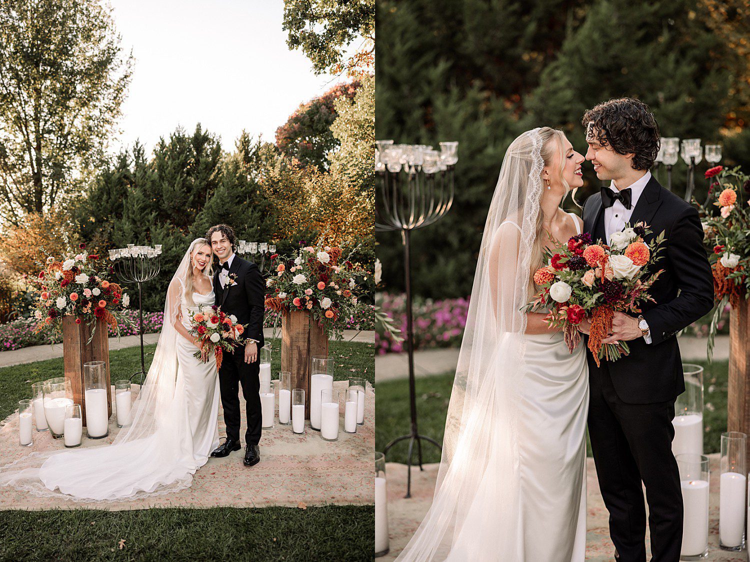 Noelle and Noah's portraits at the candlelit ceremony altar at Boerner Botanical Gardens in Hales Corners, Wisconsin