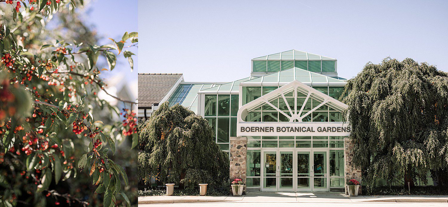 The glass atrium entrance on Noelle and Noah's October wedding day at Boerner Botanical Gardens in Hales Corners, Wisconsin