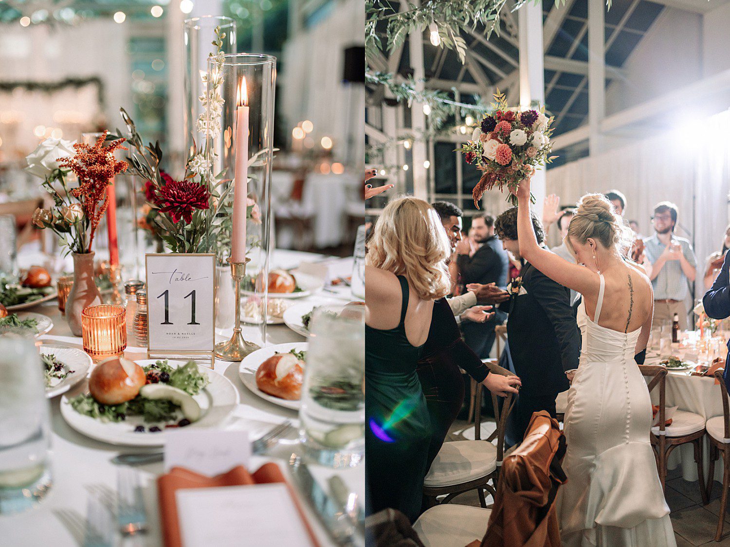Noelle and Noah's candlelit reception in the glass atrium and grand entrance at Boerner Botanical Gardens in Hales Corners, Wisconsin