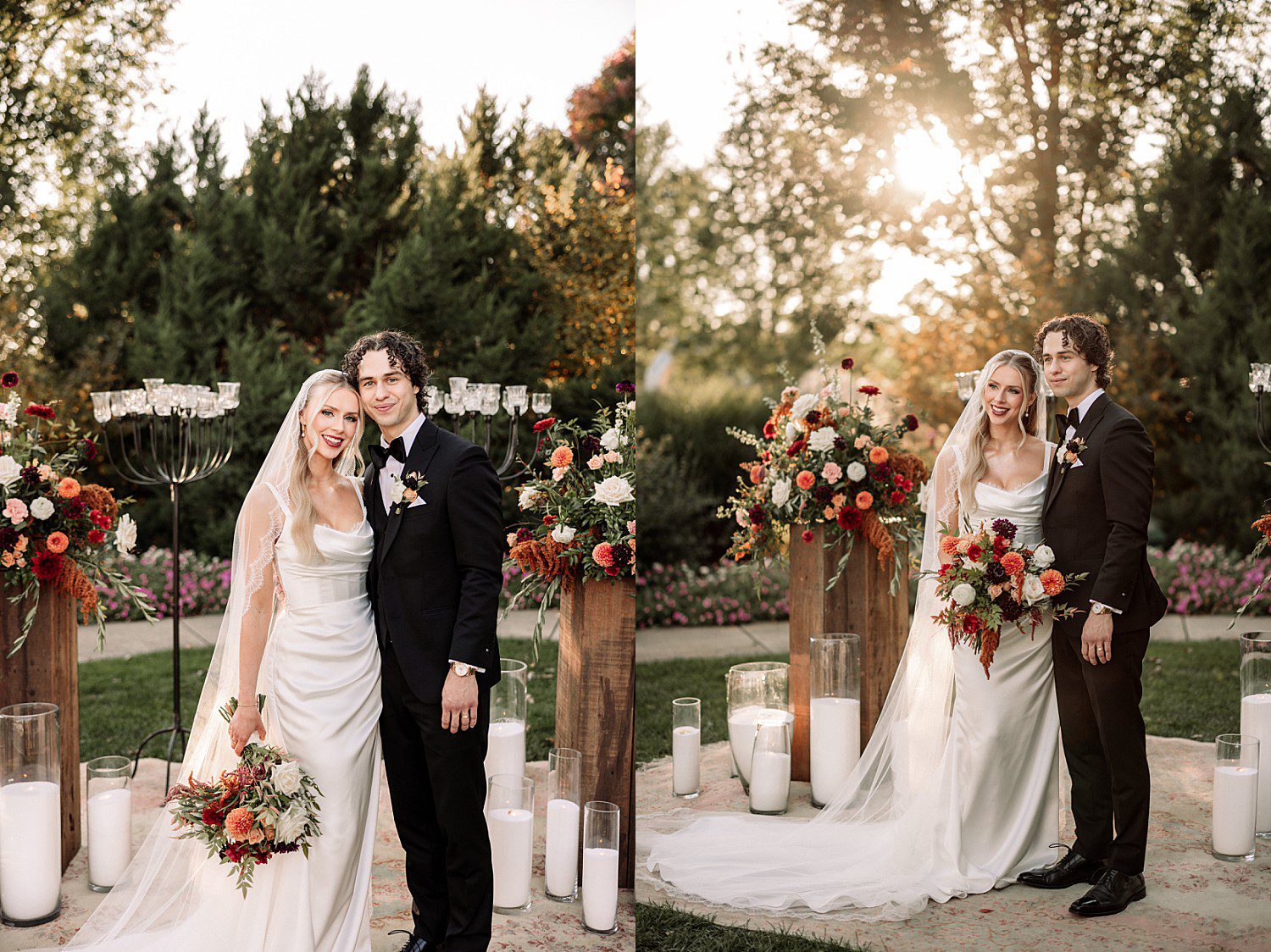 Noelle and Noah's backlit portraits as the sun set behind the ceremony site at Boerner Botanical Gardens in Hales Corners, Wisconsin
