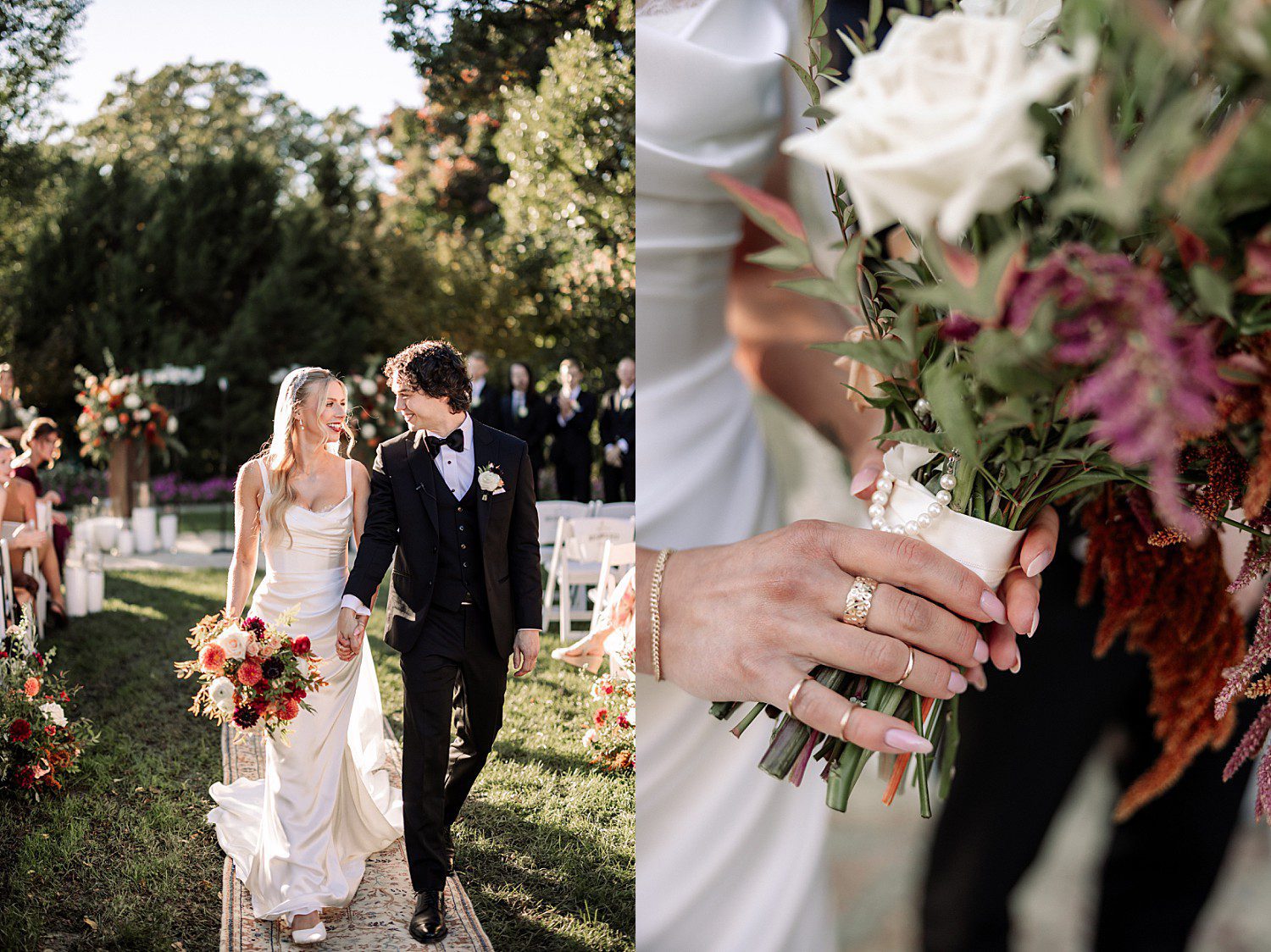 Noelle and Noah walking back up the aisle and her rings against her fall bouquet at Boerner Botanical Gardens in Hales Corners, Wisconsin
