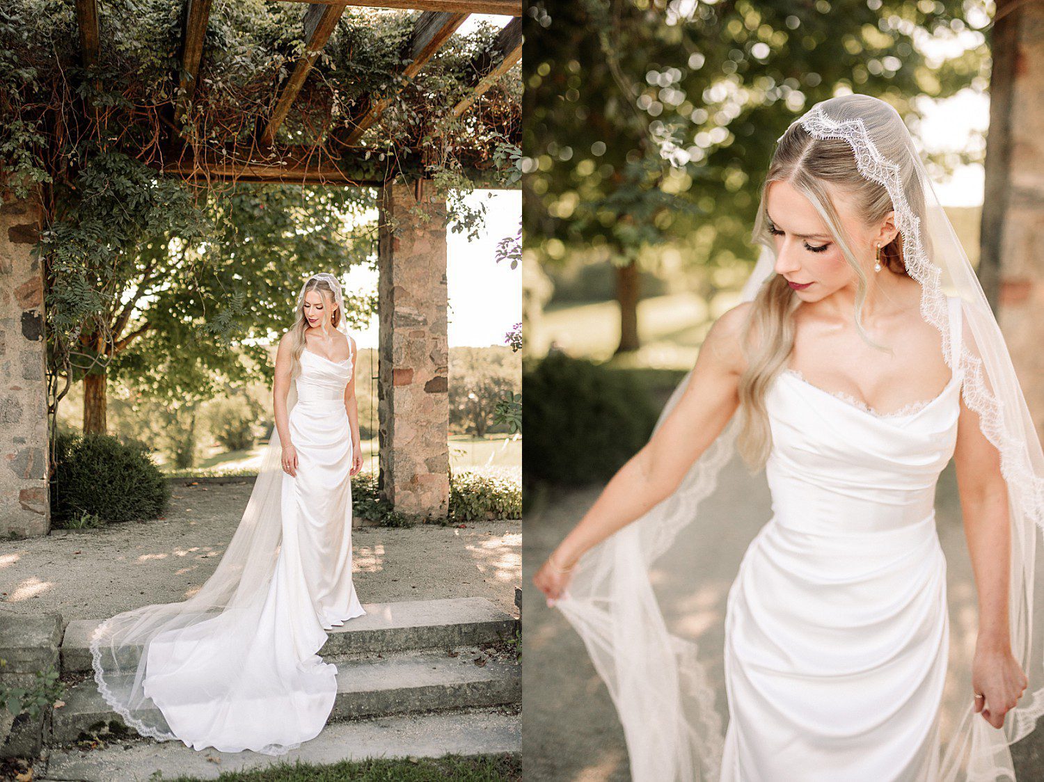 Noelle's bridal portraits with her cathedral veil under the stone pergola at Boerner Botanical Gardens in Hales Corners, Wisconsin