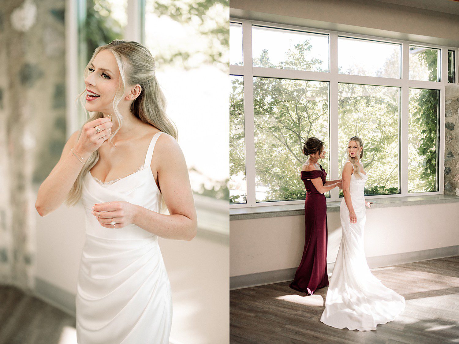Noelle getting ready with her mom before her wedding at Boerner Botanical Gardens in Hales Corners, Wisconsin