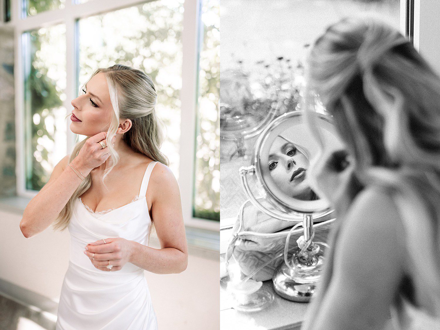 Noelle putting on her earrings in soft window light on her wedding morning at Boerner Botanical Gardens in Hales Corners, Wisconsin