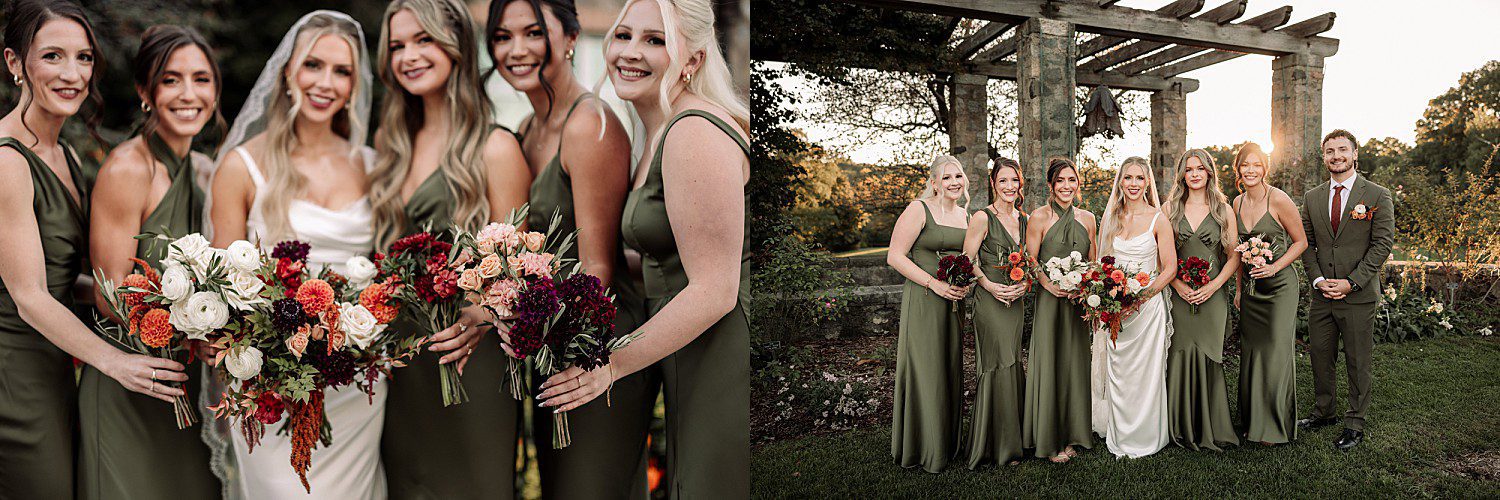 Noelle with her bridesmaids in martini green under the pergola at Boerner Botanical Gardens in Hales Corners, Wisconsin