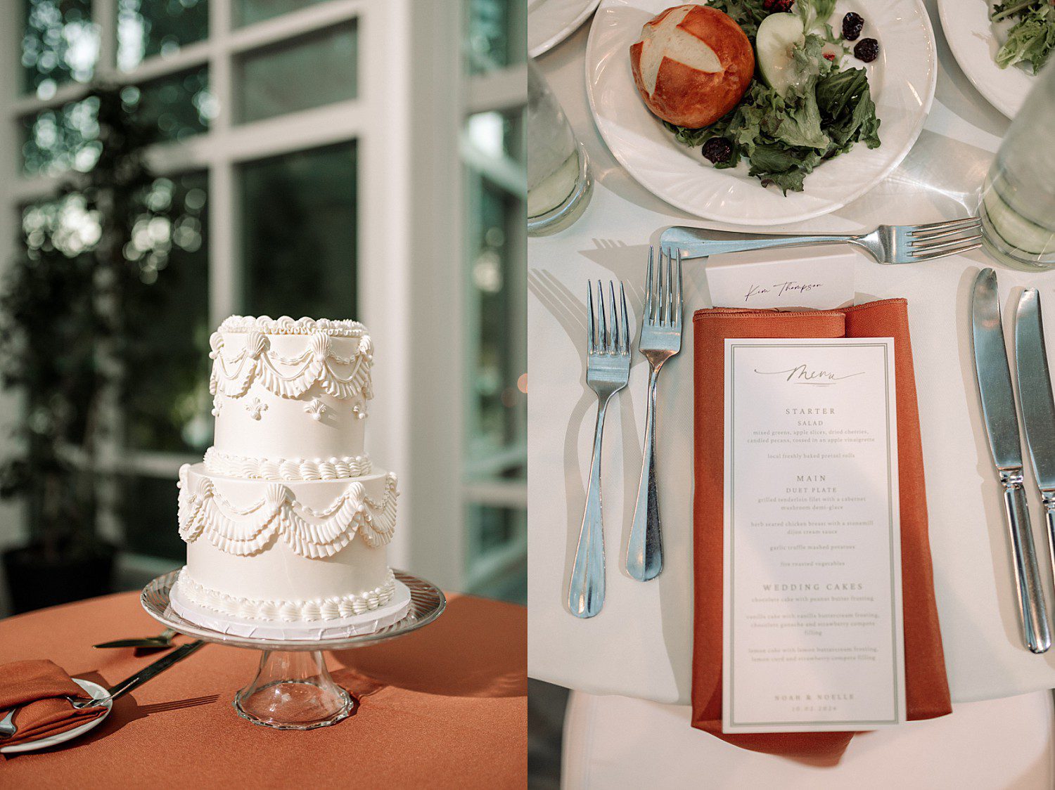 Noelle and Noah's white vintage piped wedding cake and terracotta place settings at Boerner Botanical Gardens in Hales Corners, Wisconsin
