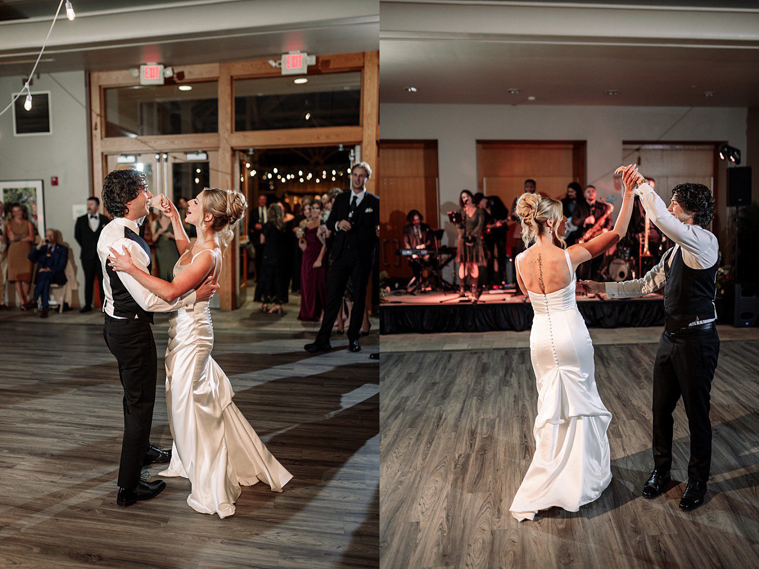 Noelle and Noah's first dance twirl in front of Blue Water Kings at Boerner Botanical Gardens in Hales Corners, Wisconsin
