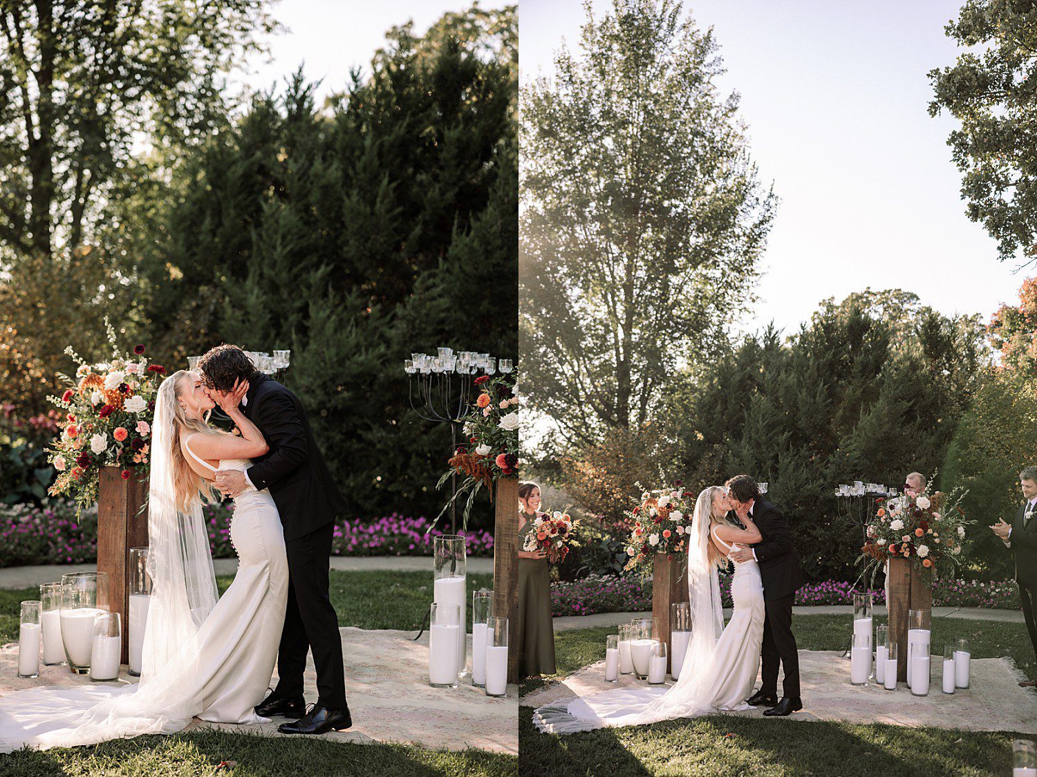Noelle and Noah's first kiss as a married couple at Boerner Botanical Gardens in Hales Corners, Wisconsin