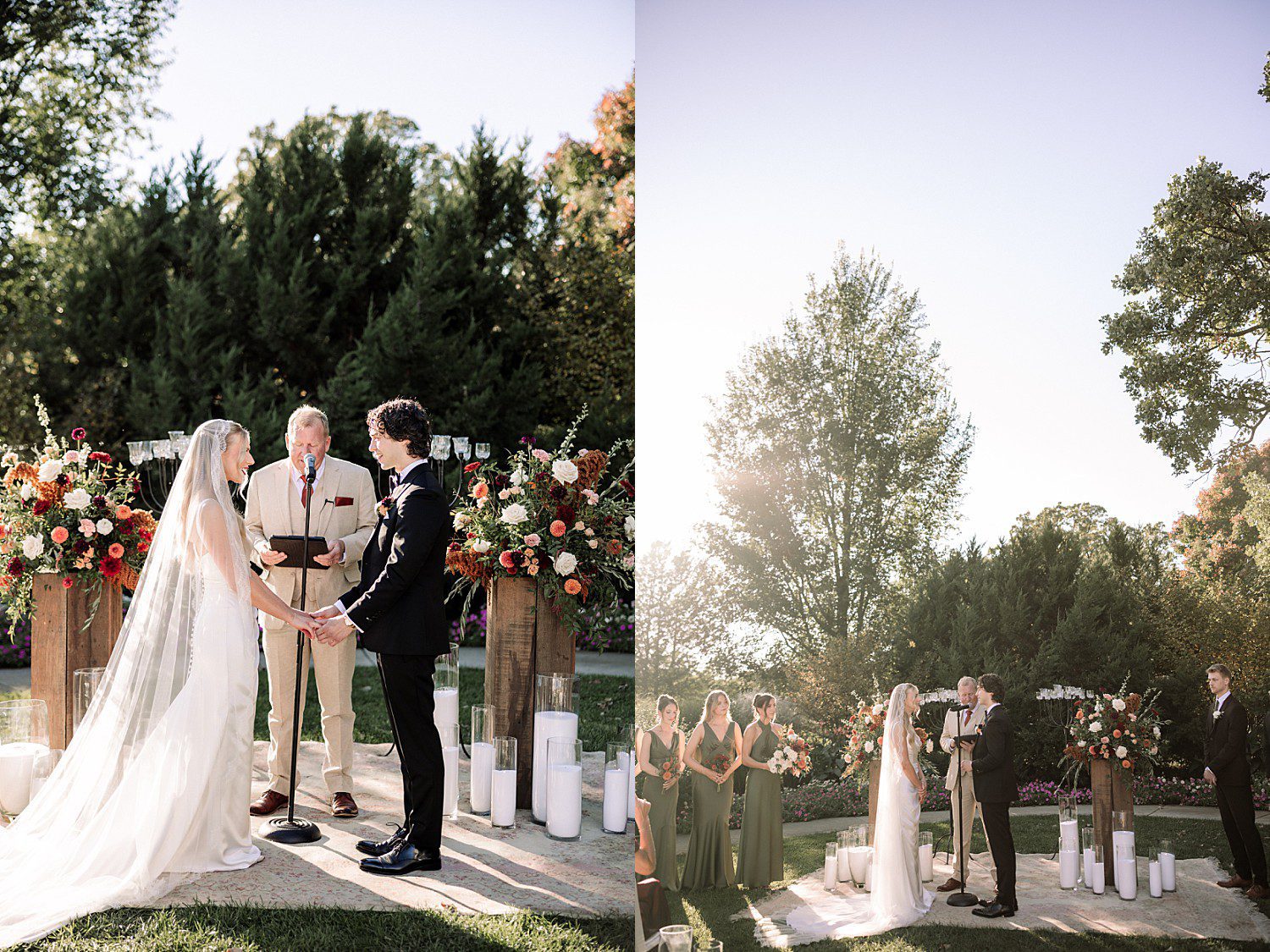 Noelle and Noah's backlit garden ceremony as the sun dropped behind the trees at Boerner Botanical Gardens in Hales Corners, Wisconsin