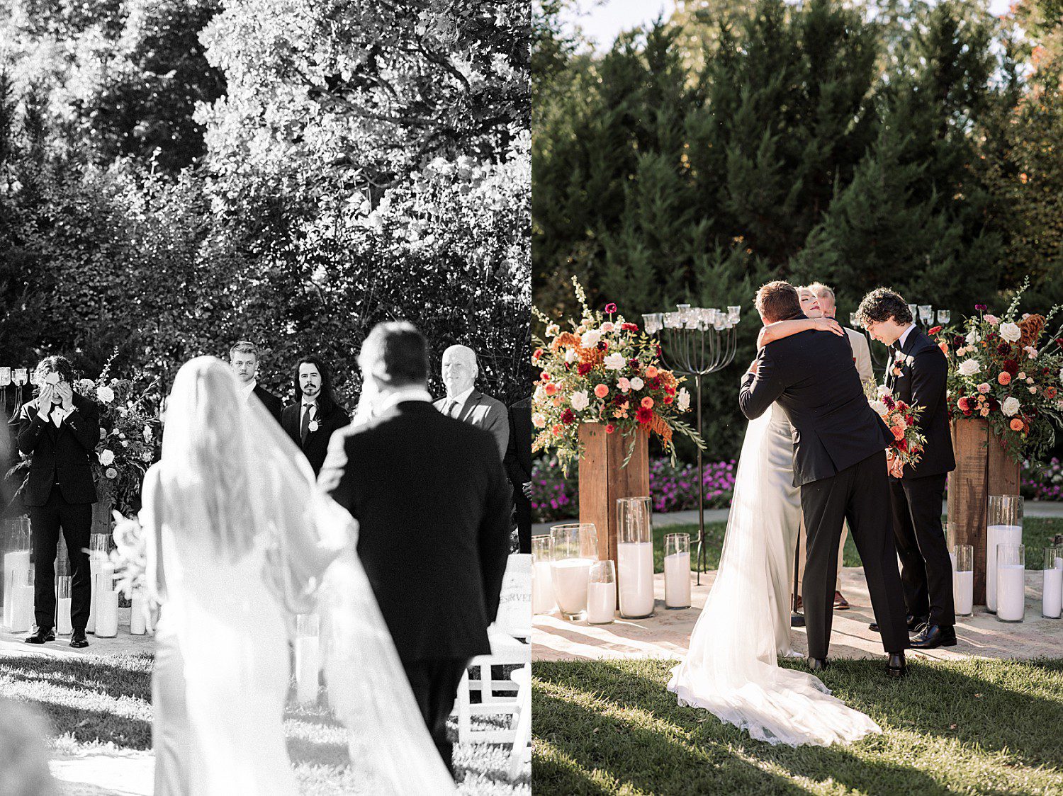 Noelle's dad giving her away at their garden wedding ceremony at Boerner Botanical Gardens in Hales Corners, Wisconsin