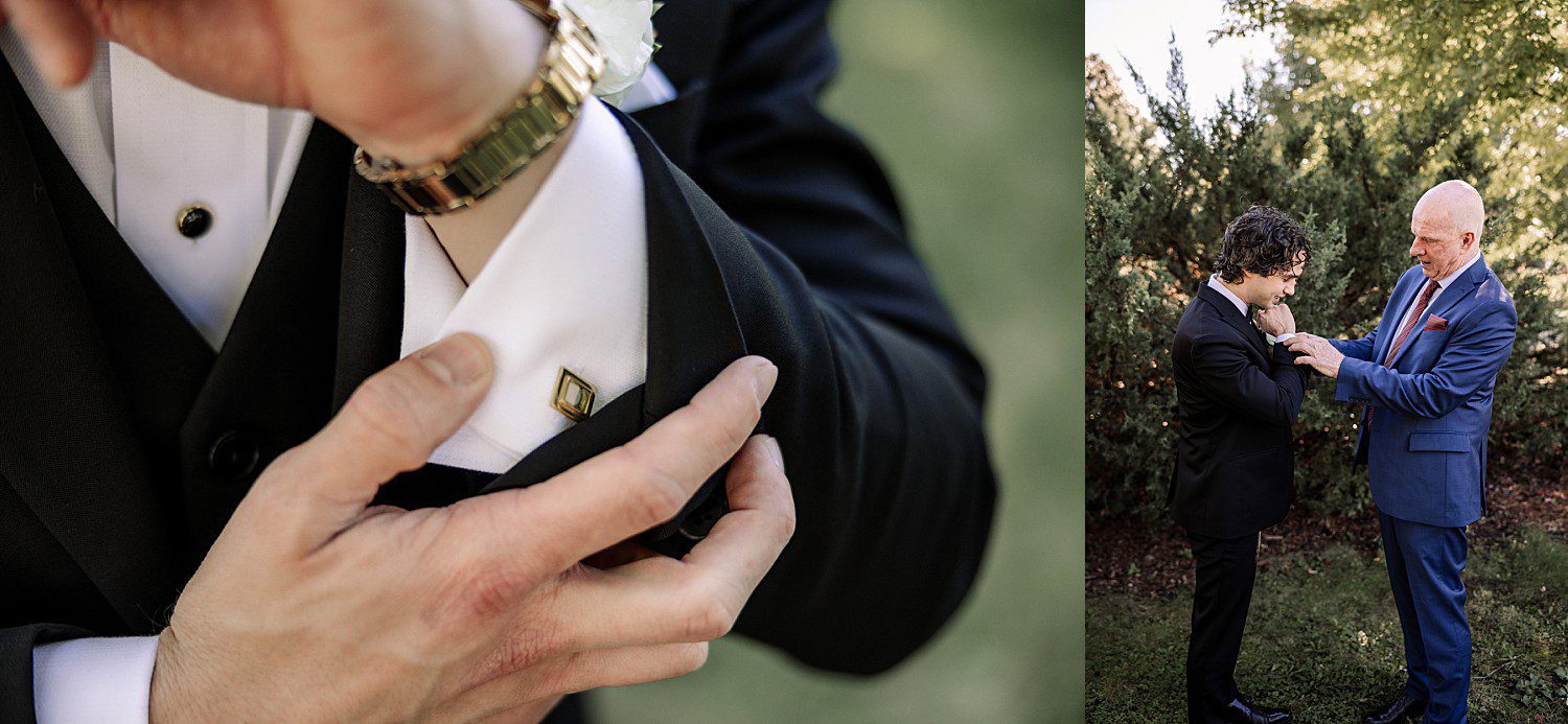 Noah getting ready with his dad before his wedding at Boerner Botanical Gardens in Hales Corners, Wisconsin