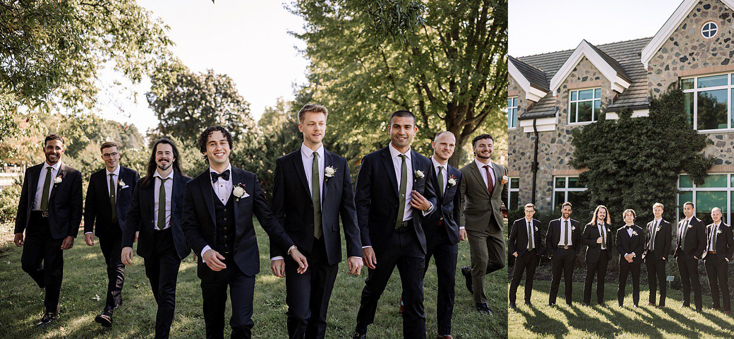 Noah and his groomsmen walking through the gardens before the wedding at Boerner Botanical Gardens in Hales Corners, Wisconsin