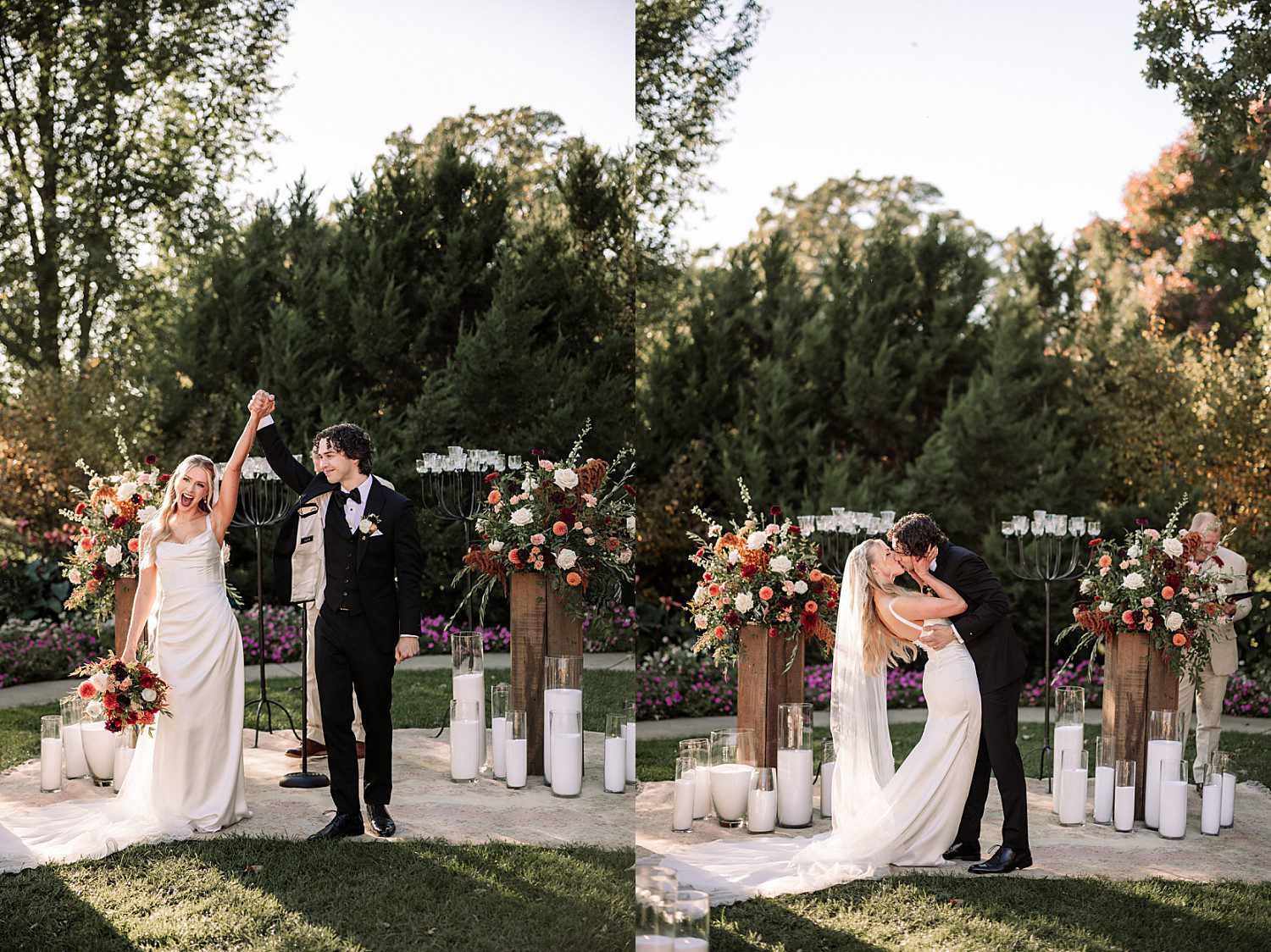 Noelle and Noah celebrating as newlyweds at the end of their ceremony at Boerner Botanical Gardens in Hales Corners, Wisconsin