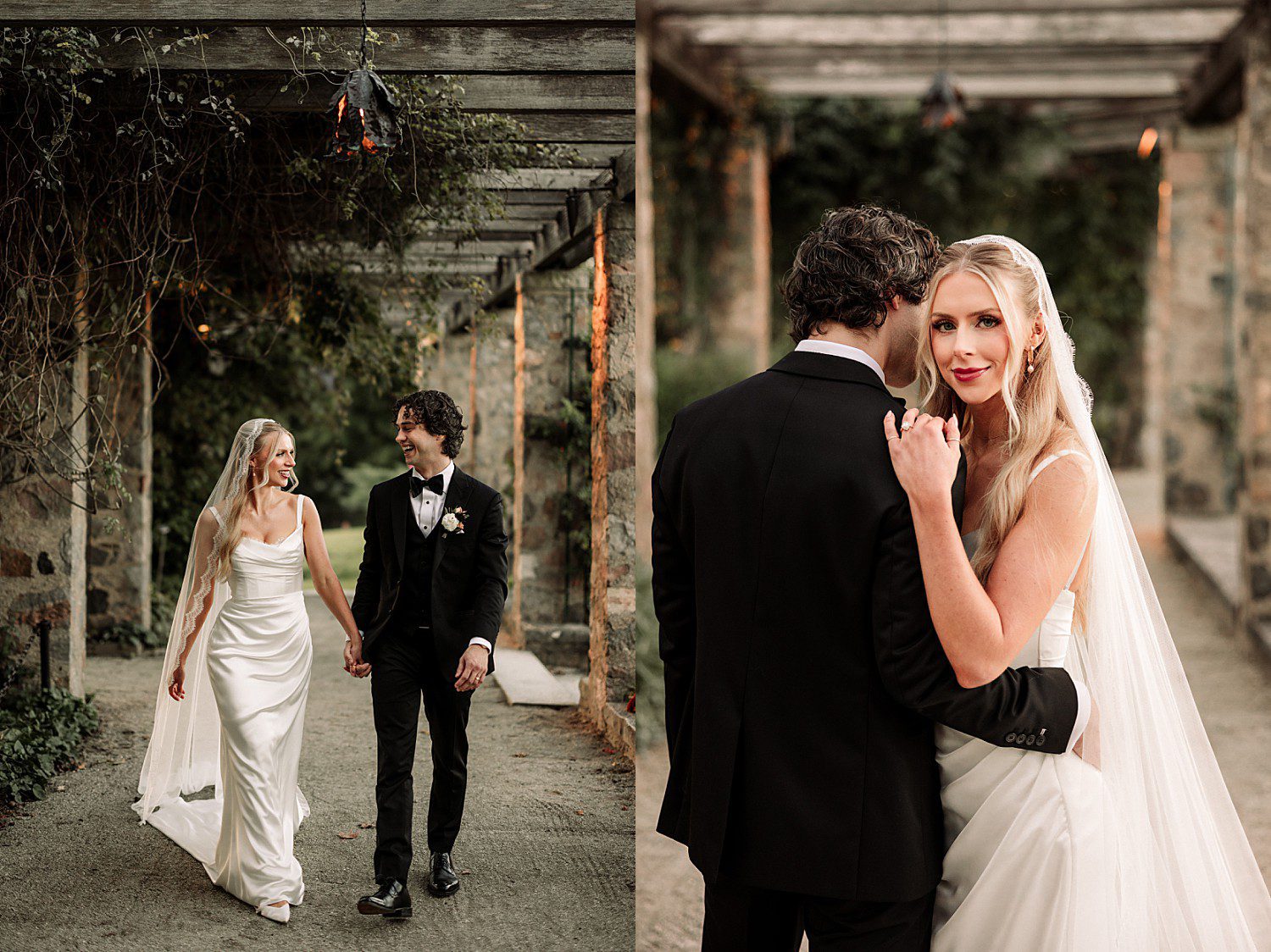 Noelle and Noah's moody evening portraits under the vine covered pergola at Boerner Botanical Gardens in Hales Corners, Wisconsin