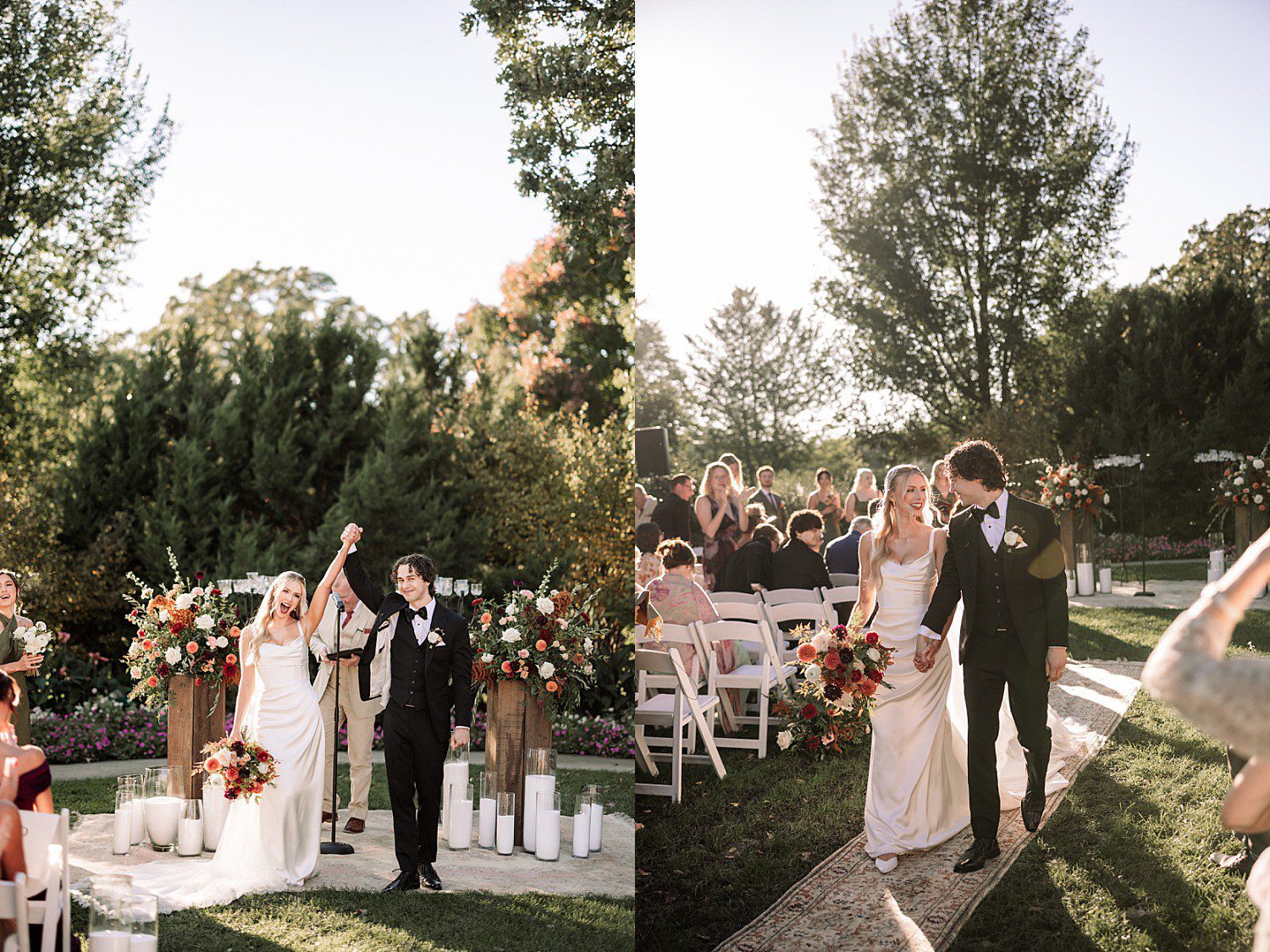 Noelle and Noah's joyful recessional down the garden aisle at Boerner Botanical Gardens in Hales Corners, Wisconsin