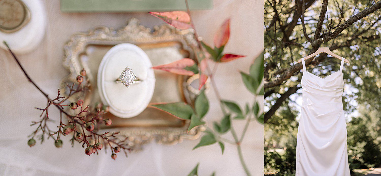 Noelle and Noah's vintage ring box and satin wedding gown hanging in the trees at Boerner Botanical Gardens in Hales Corners, Wisconsin