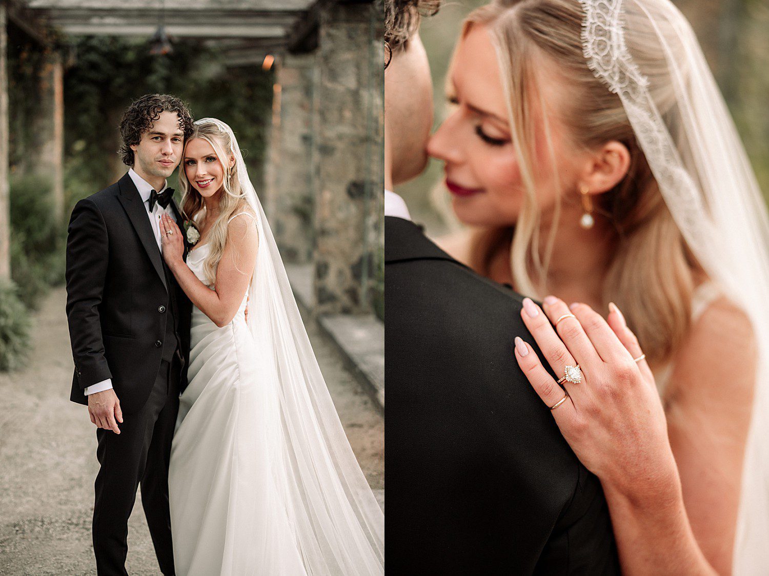 Noelle and Noah's romantic portraits in the stone pergola at Boerner Botanical Gardens in Hales Corners, Wisconsin