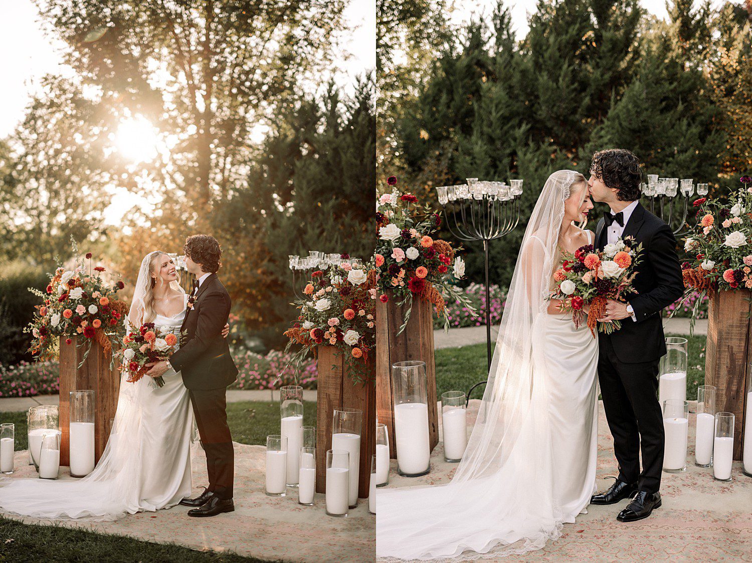 Noelle and Noah's sunlit portraits among fall florals and pillar candles at Boerner Botanical Gardens in Hales Corners, Wisconsin