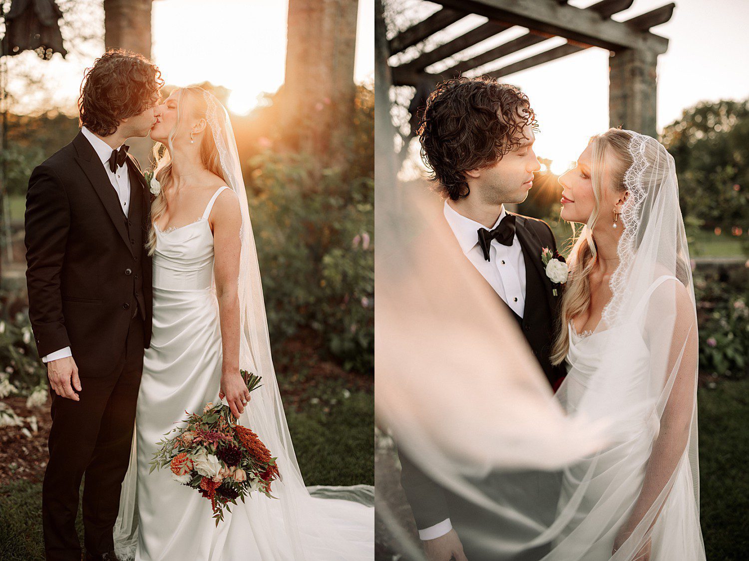 Noelle and Noah's sunset kiss with her veil catching the light at Boerner Botanical Gardens in Hales Corners, Wisconsin