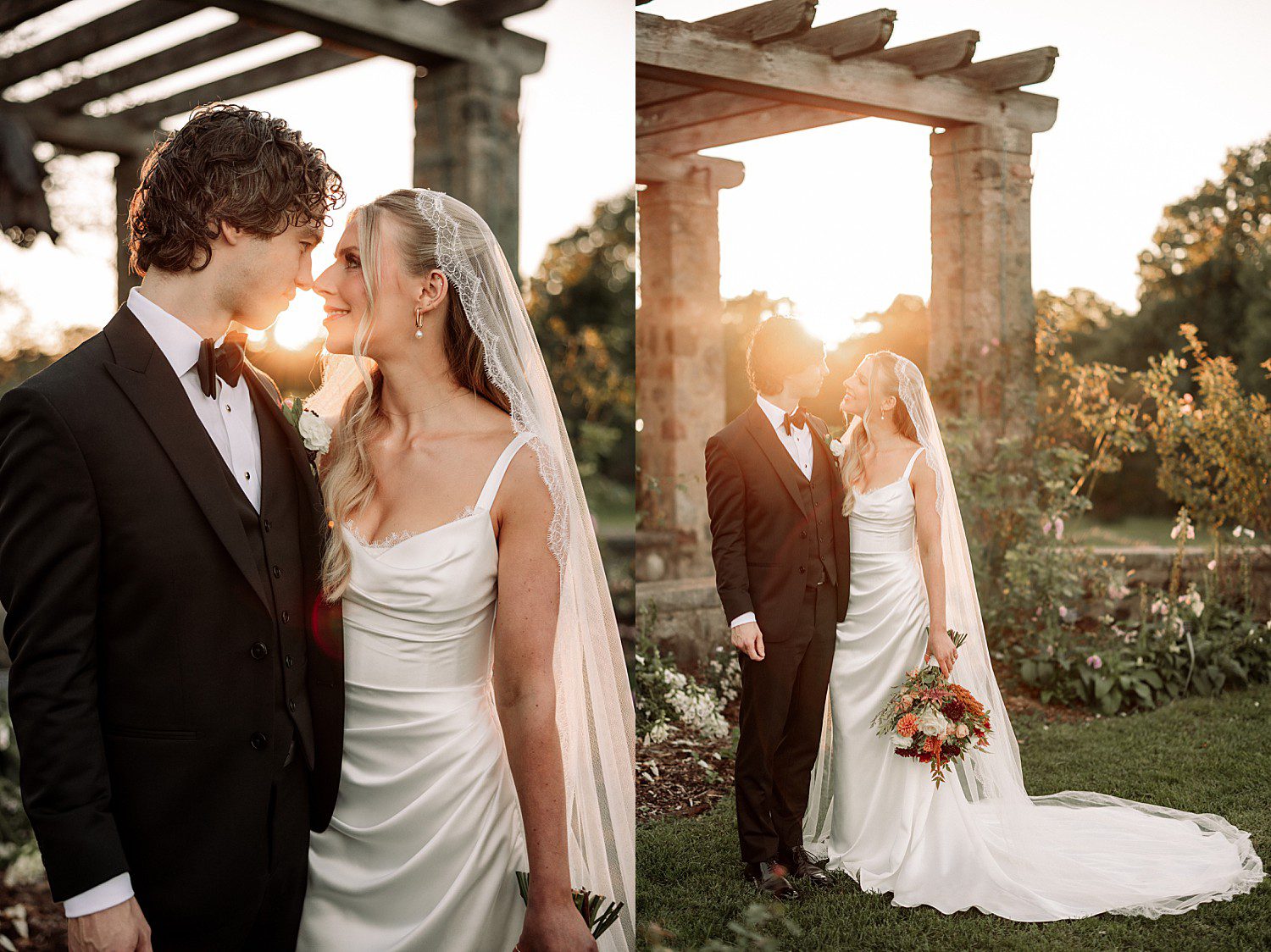 Noelle and Noah nose to nose in the sunset light beneath the pergola at Boerner Botanical Gardens in Hales Corners, Wisconsin