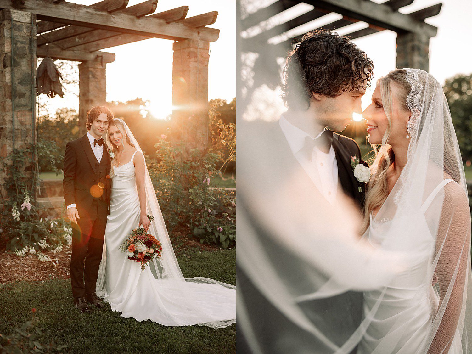 Noelle and Noah's dreamy sunset portraits under the stone pergola at Boerner Botanical Gardens in Hales Corners, Wisconsin