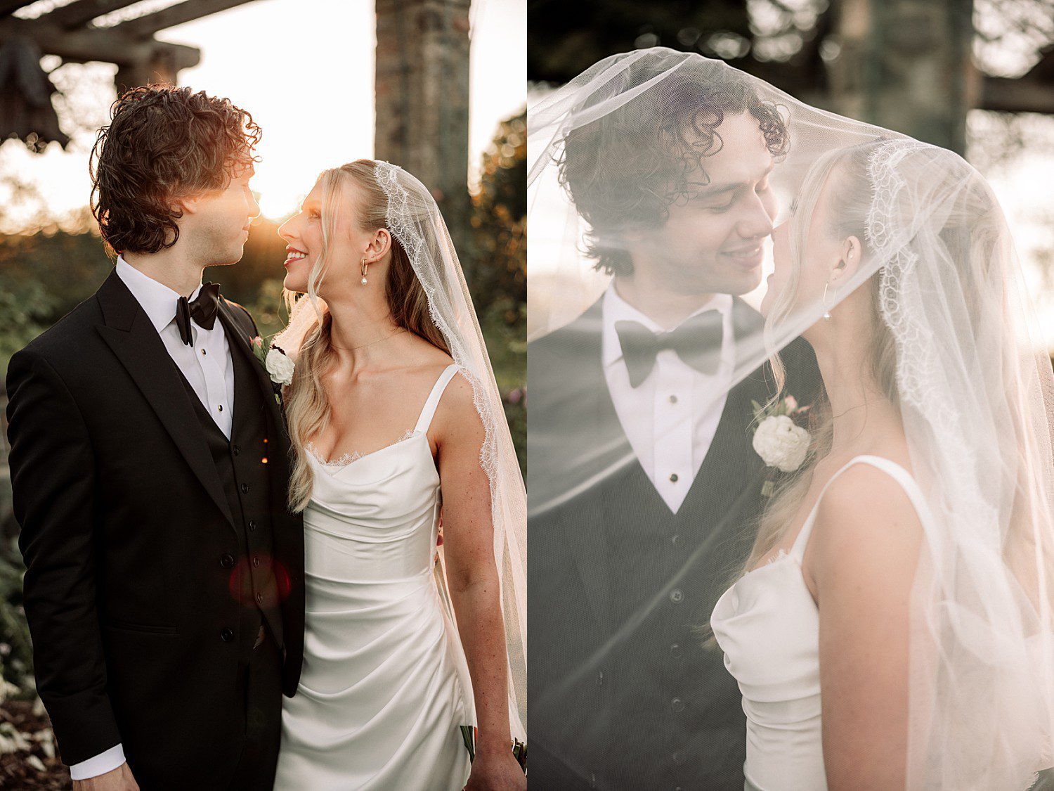 Noelle and Noah's romantic under the veil portrait at sunset at Boerner Botanical Gardens in Hales Corners, Wisconsin