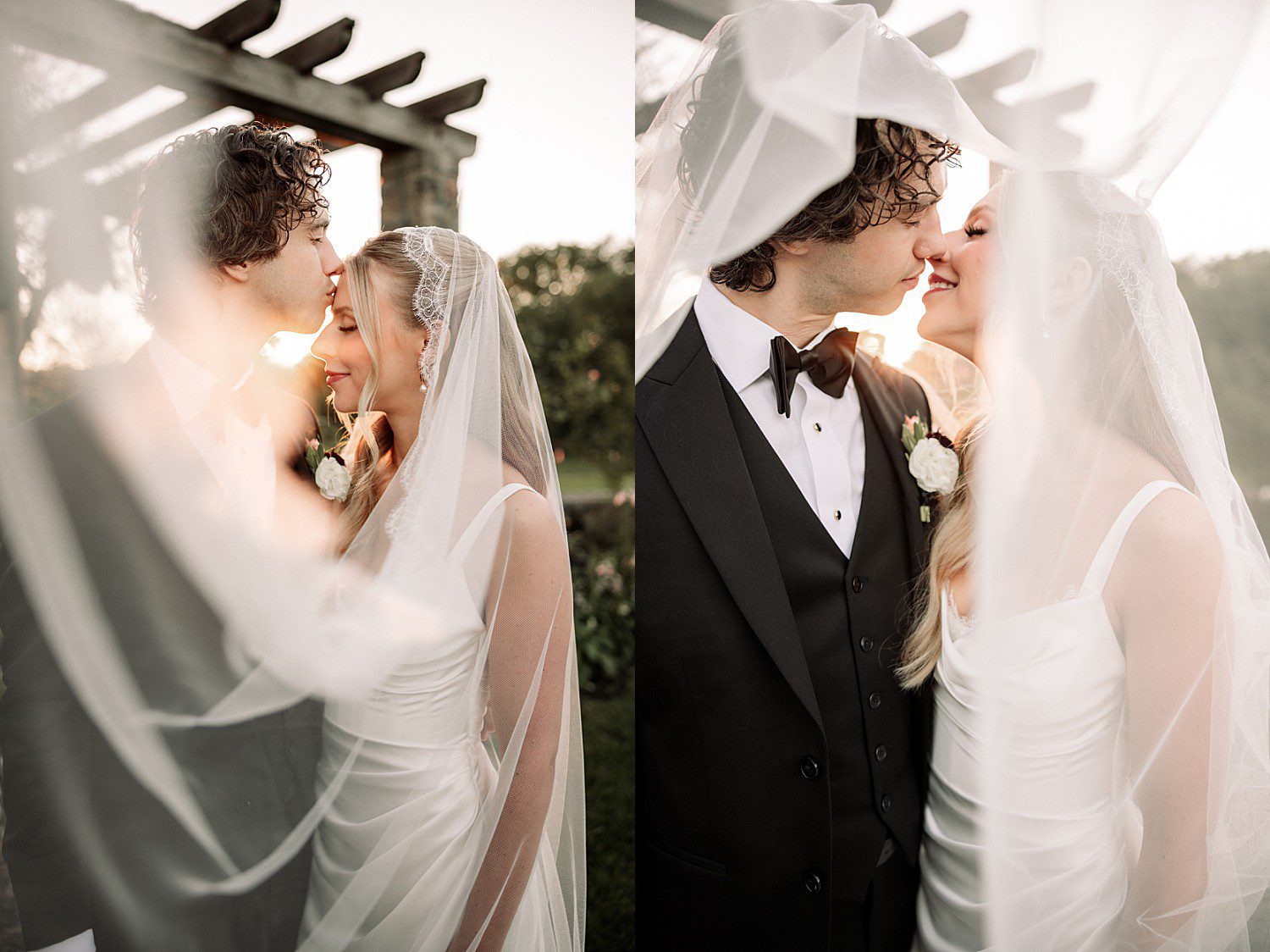 Noelle and Noah's soft under the veil kiss in the evening light at Boerner Botanical Gardens in Hales Corners, Wisconsin