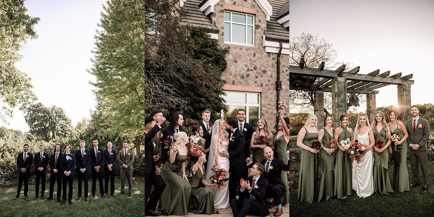 Noelle and Noah's wedding party in martini green and black tuxedos at Boerner Botanical Gardens in Hales Corners, Wisconsin