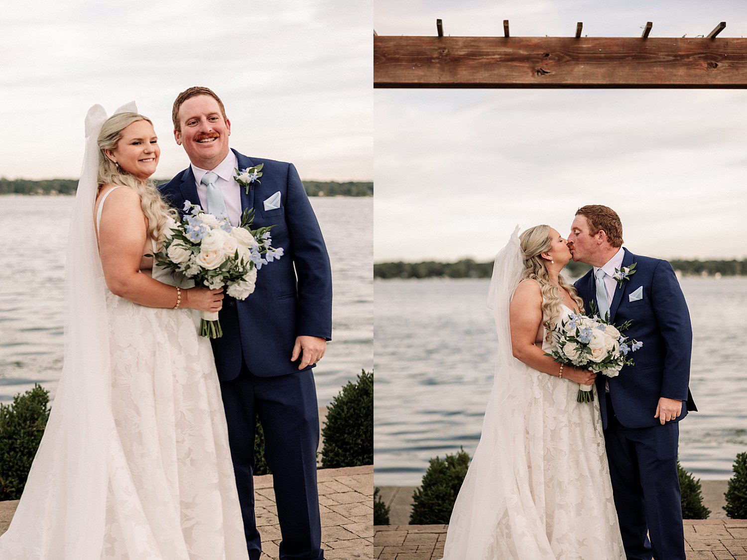 lakeside Wisconsin wedding in Delavan, Wisconsin: newlyweds smiling and kissing beneath the wooden ceremony arbor.