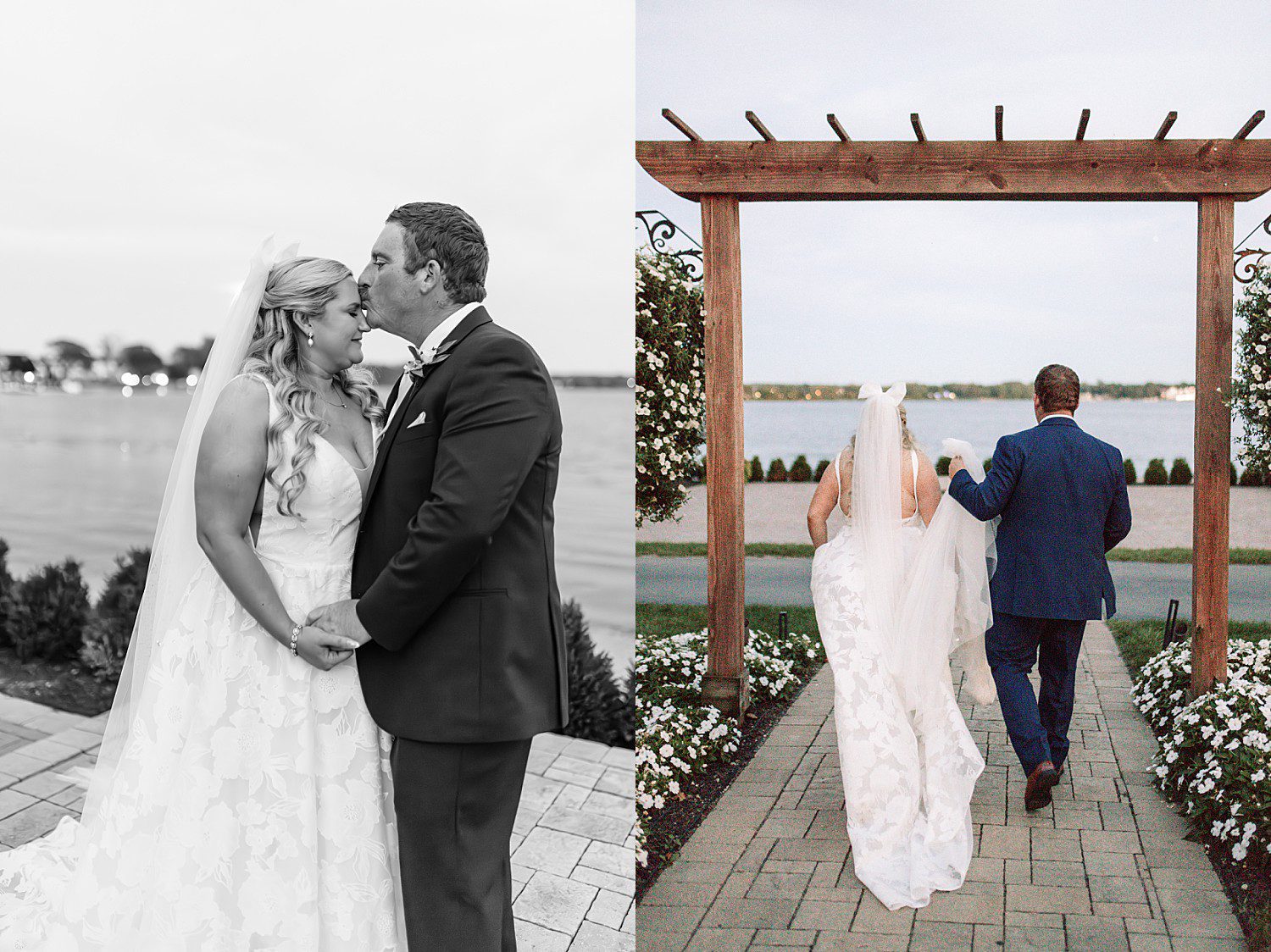 lakeside Wisconsin wedding in Delavan, Wisconsin: black and white couple portrait and newlyweds facing the lake beneath the arbor.