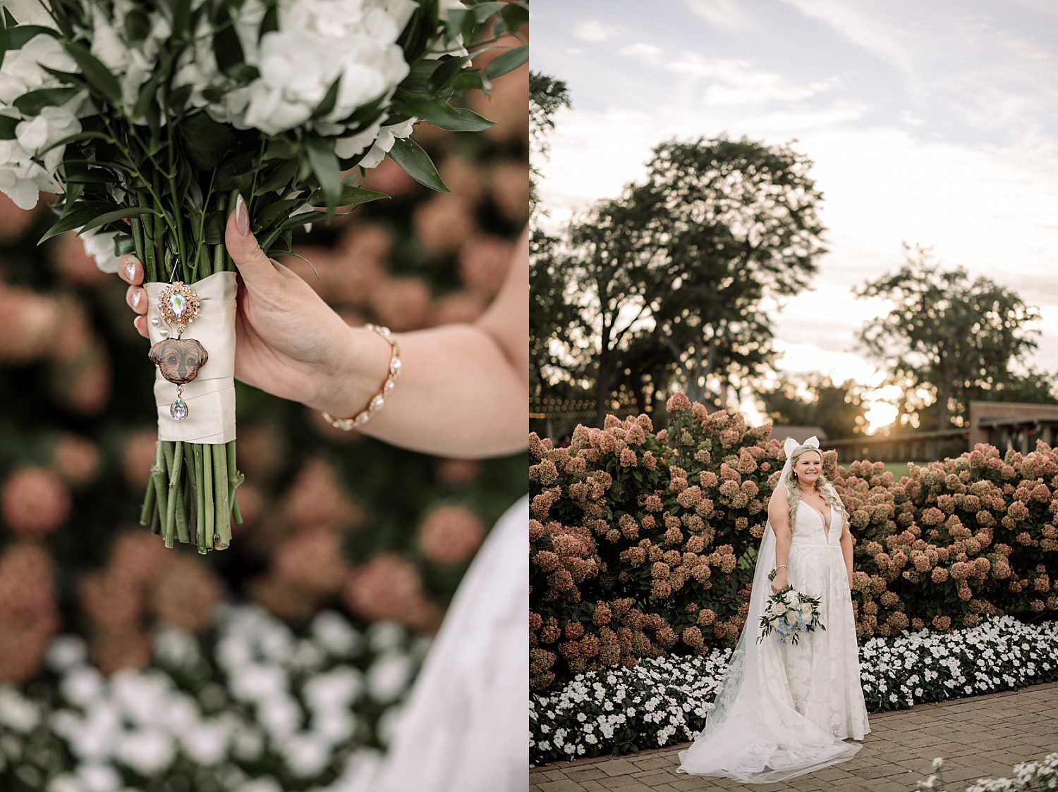 lakeside Wisconsin wedding in Delavan, Wisconsin: bridal bouquet with a dog portrait charm and a portrait of the bride near garden flowers.