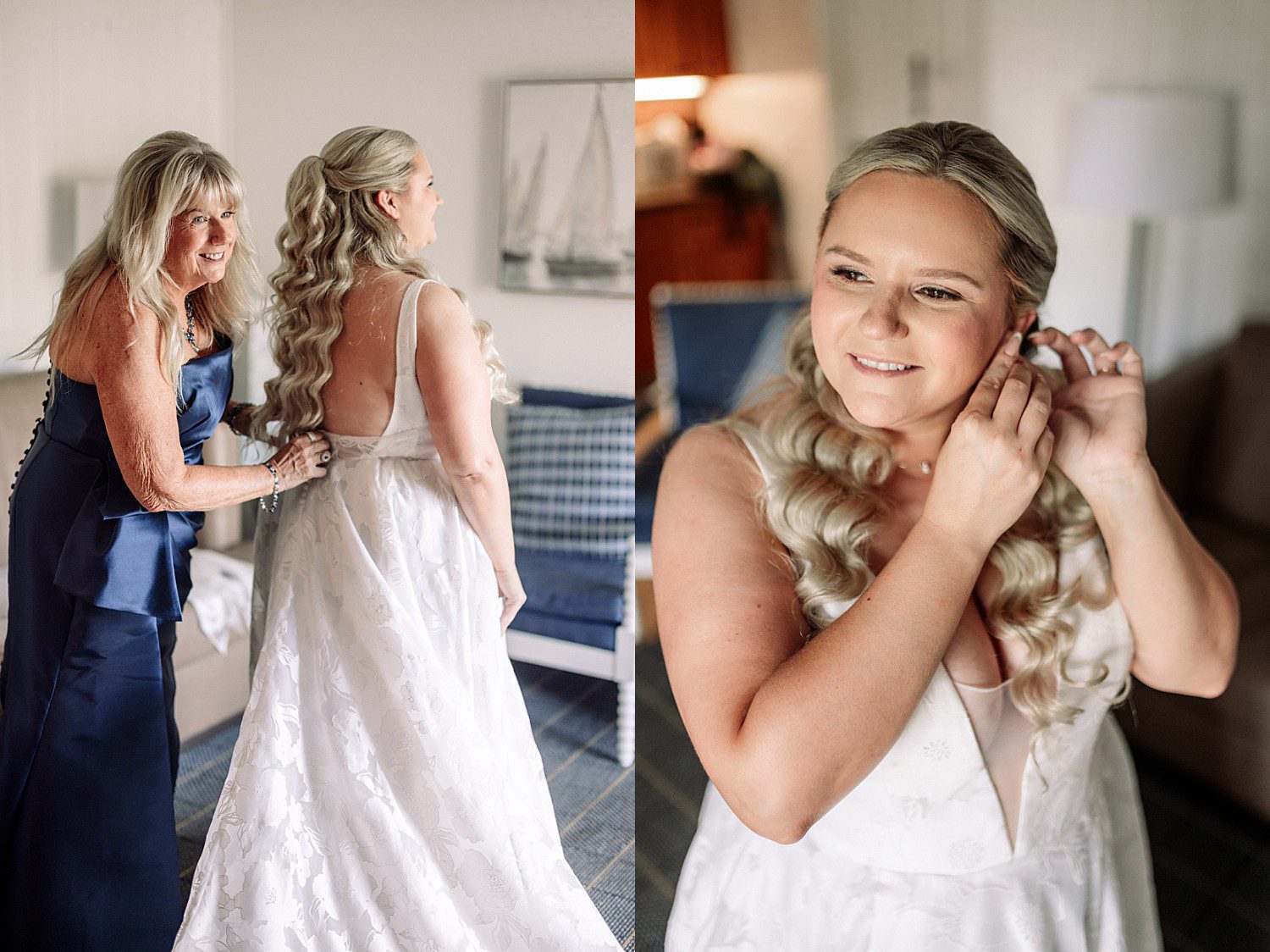 lakeside Wisconsin wedding in Delavan, Wisconsin: bride getting help with her dress and putting on earrings.