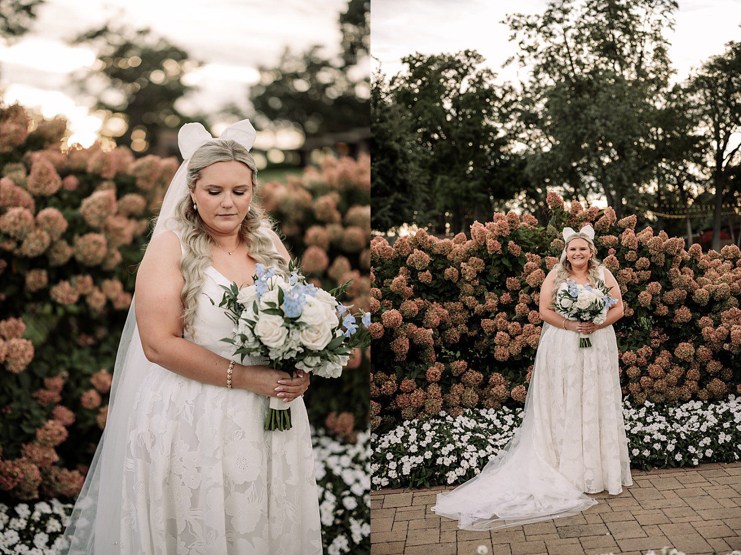 lakeside Wisconsin wedding in Delavan, Wisconsin: bride holding her white and blue bouquet and posing near flowering garden beds.