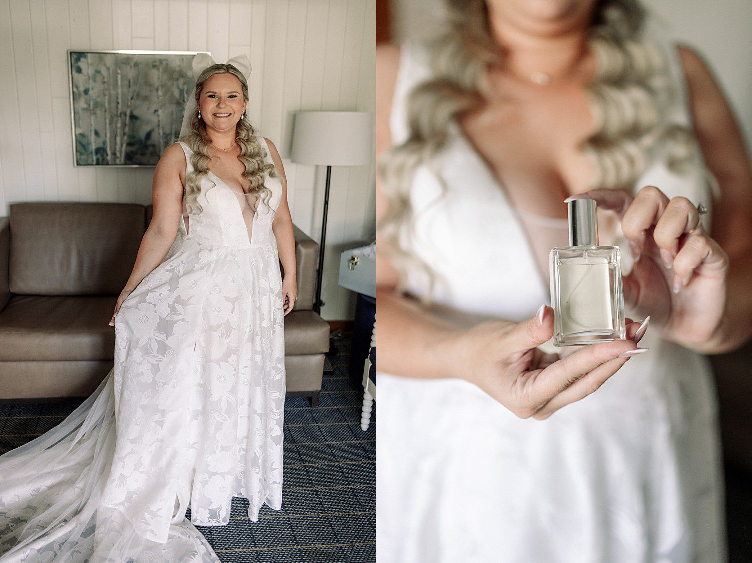 lakeside Wisconsin wedding in Delavan, Wisconsin: bride in her wedding dress and a close view of her holding a perfume bottle.