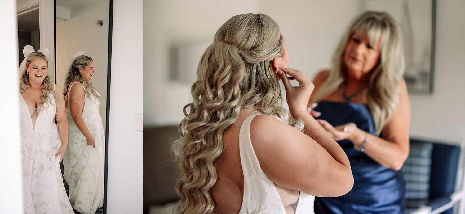 lakeside Wisconsin wedding in Delavan, Wisconsin: bride and attendant indoors, with a close view of her curled hair and earrings.